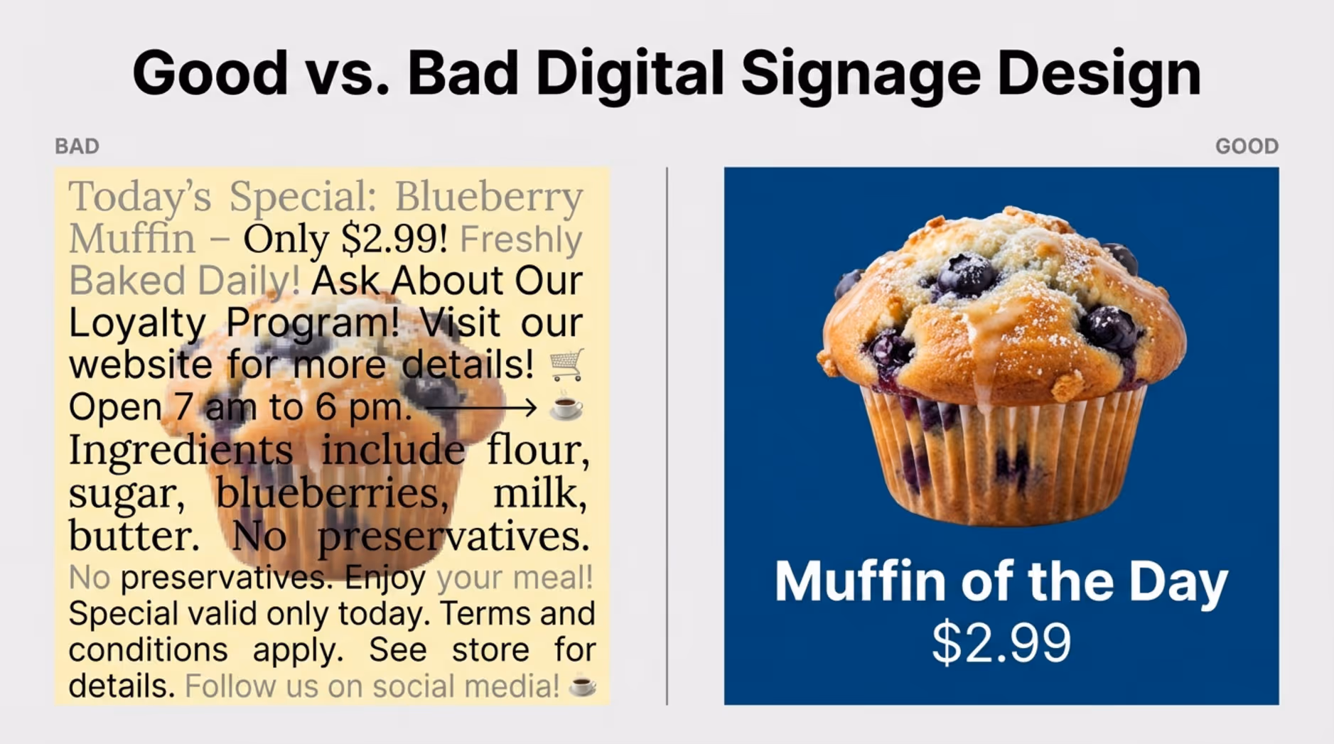 Comparison of effective and ineffective digital signage designs showing cluttered bad example and clear good example with a blueberry muffin and minimal text