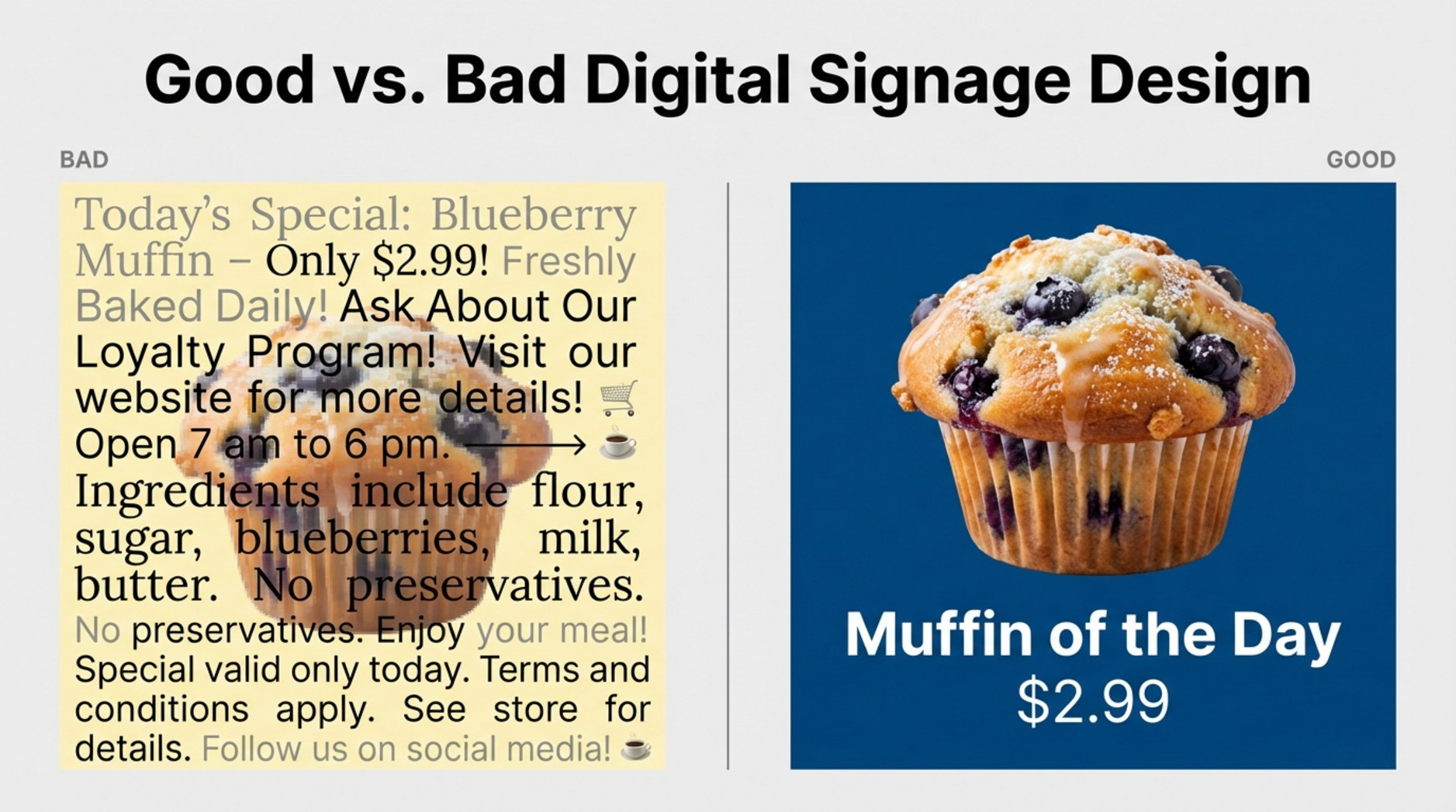 Comparison of effective and ineffective digital signage designs showing cluttered bad example and clear good example with a blueberry muffin and minimal text