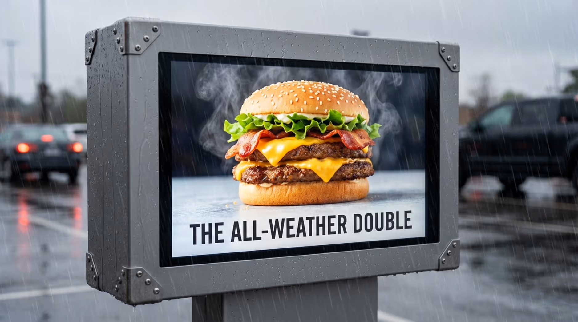 A weatherproof outdoor digital menu board remains clear and vivid during rain, showcasing its durability and readability in harsh conditions.