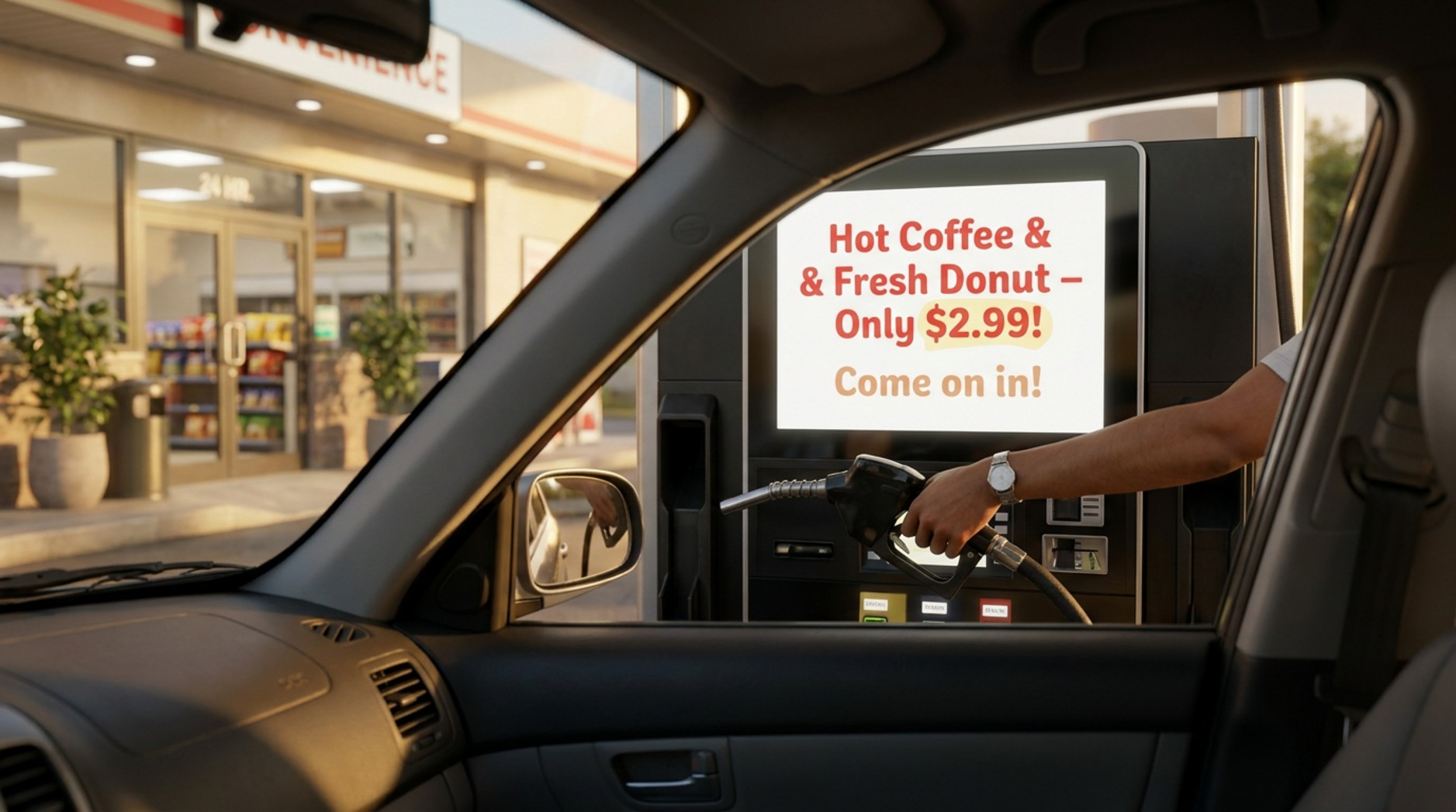 A driver fills a car at a fuel pump with a bright digital screen displaying a special offer for hot coffee and a donut.