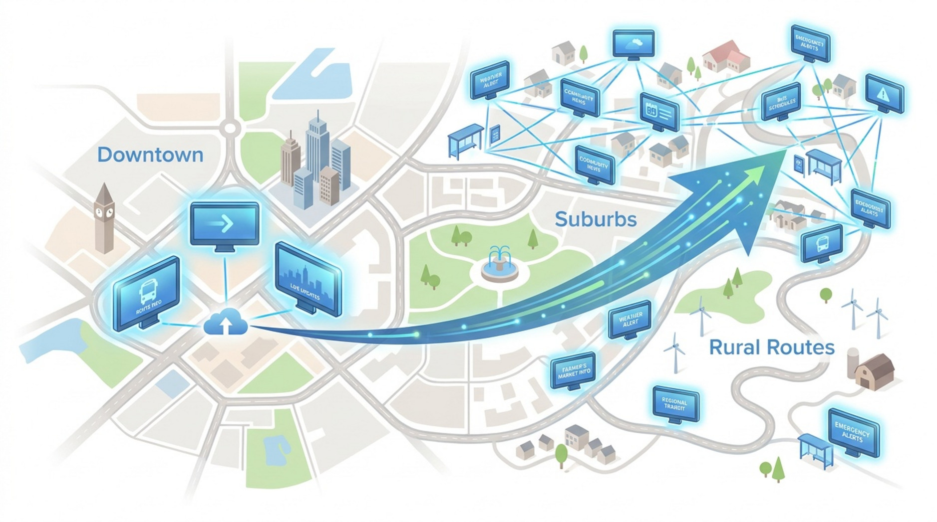 Illustration of expanding digital signage network across a city map showing growth from central hubs to suburban and rural stops.