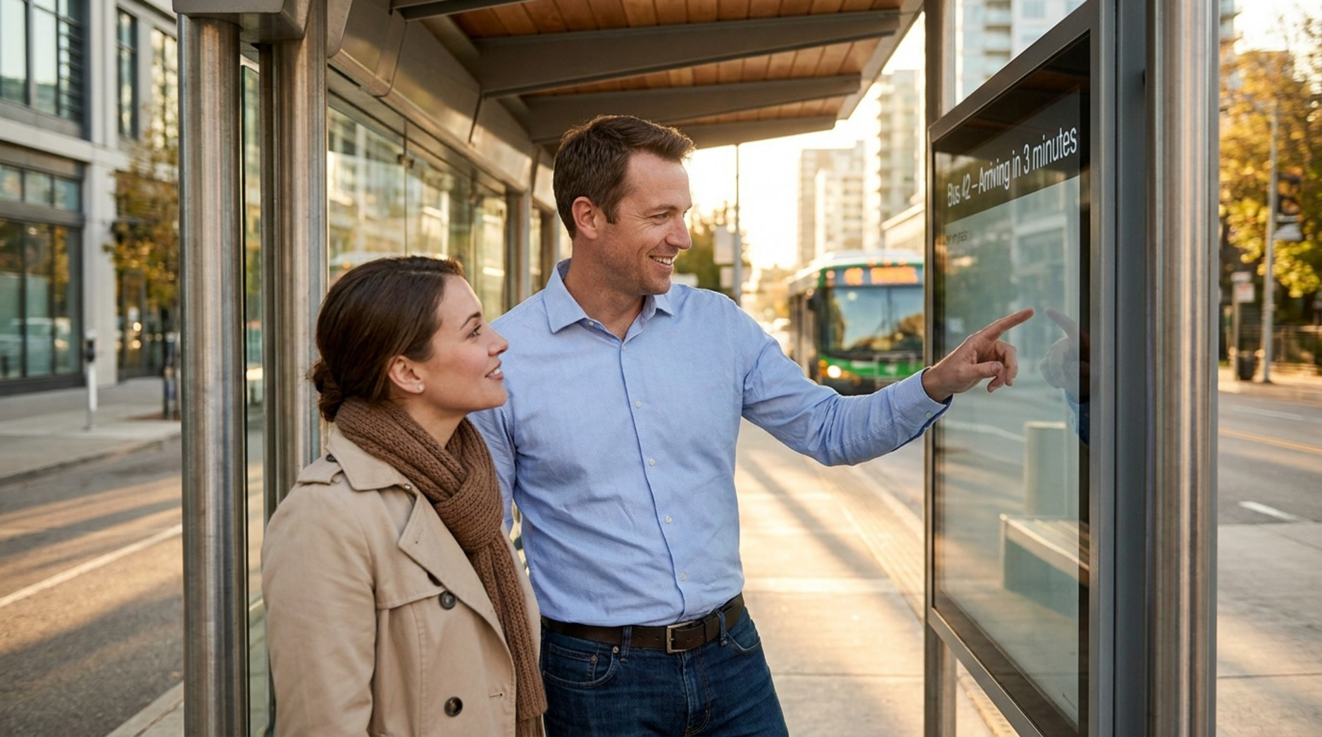 Man and woman look at a bus arrival screen with relief and confidence in warm late-afternoon light.