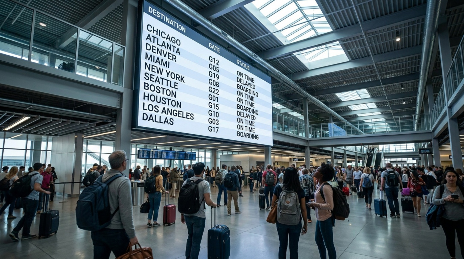 Photorealistic interior of a busy bus terminal featuring a large, brightly lit LED signage board displaying departure information for multiple routes.