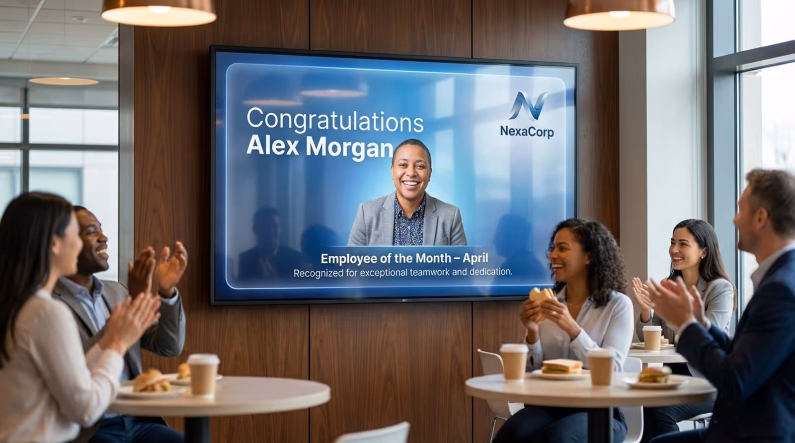 A digital screen displays an employee of the month award in a busy breakroom with colleagues applauding.