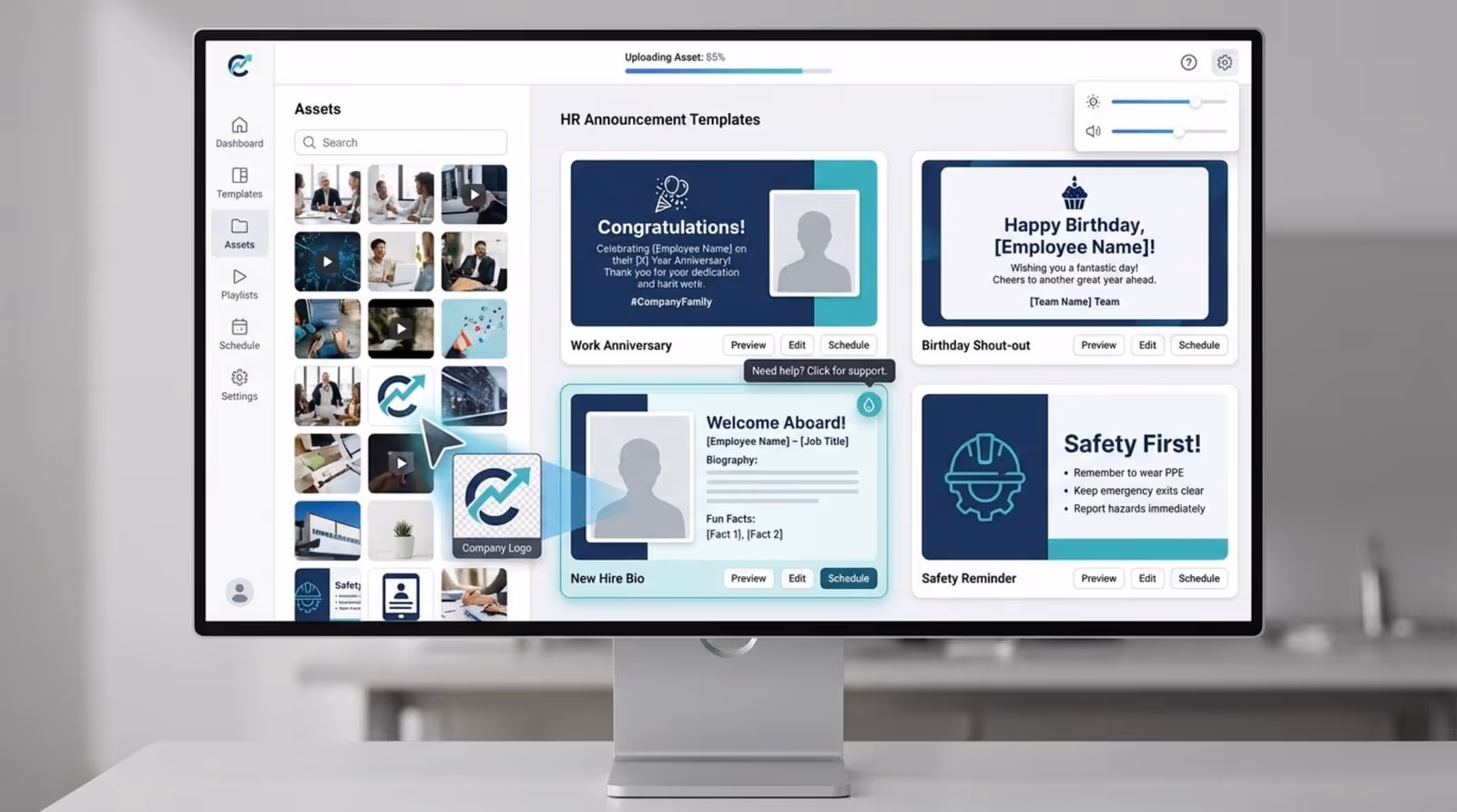 A user interface for a content management system displaying HR templates with a cursor customizing a template.