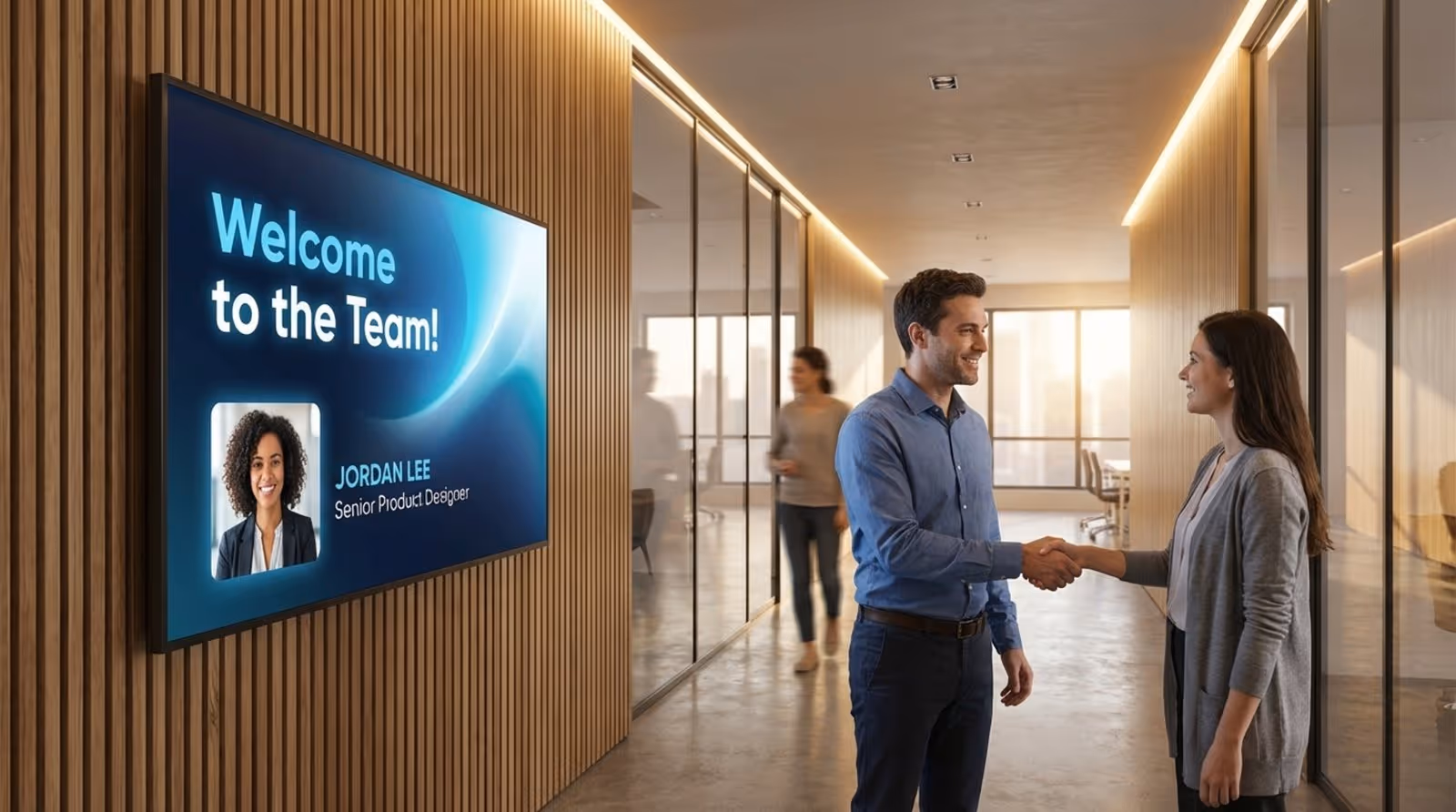A large digital screen in an office hallway displays a welcome message with a new hire's photo and details, as an employee greets them with a handshake.