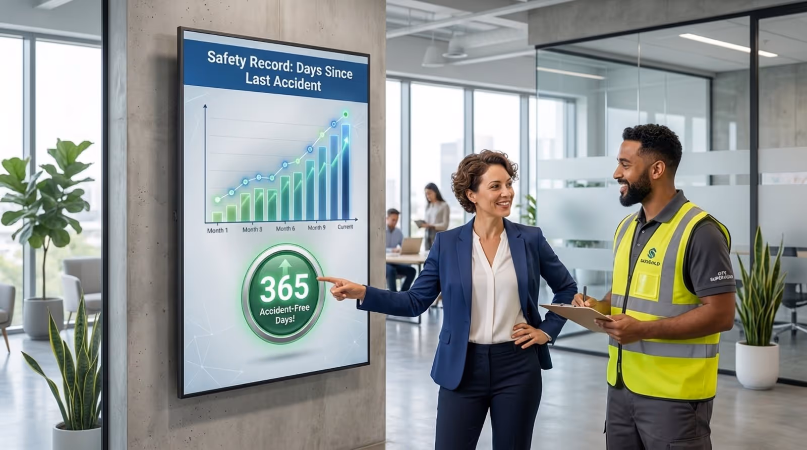 Professionals review a safety record infographic showing 365 days without an accident on a digital screen in an office.