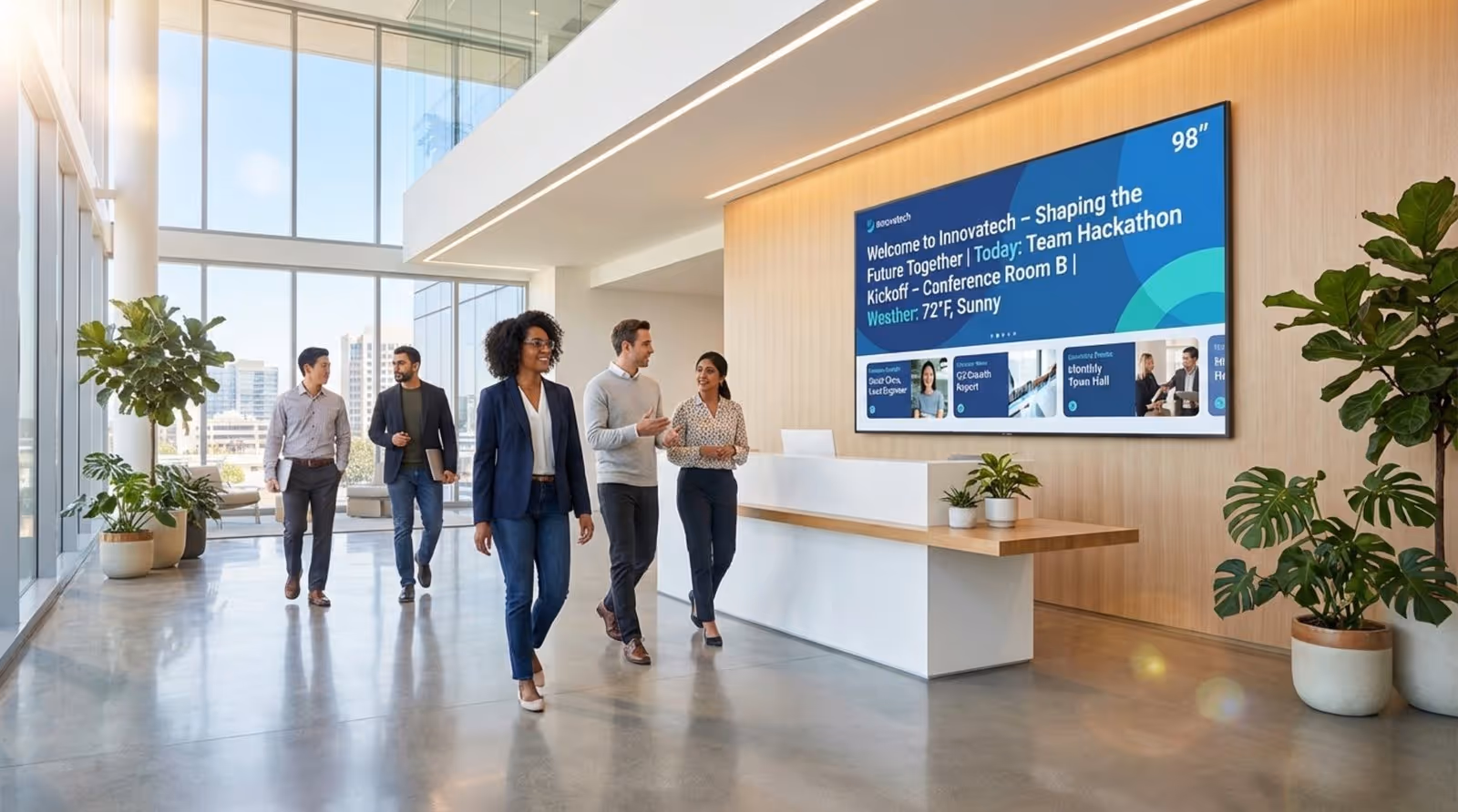 A vibrant office lobby with a digital signage screen displaying welcome message and news, surrounded by employees passing by.