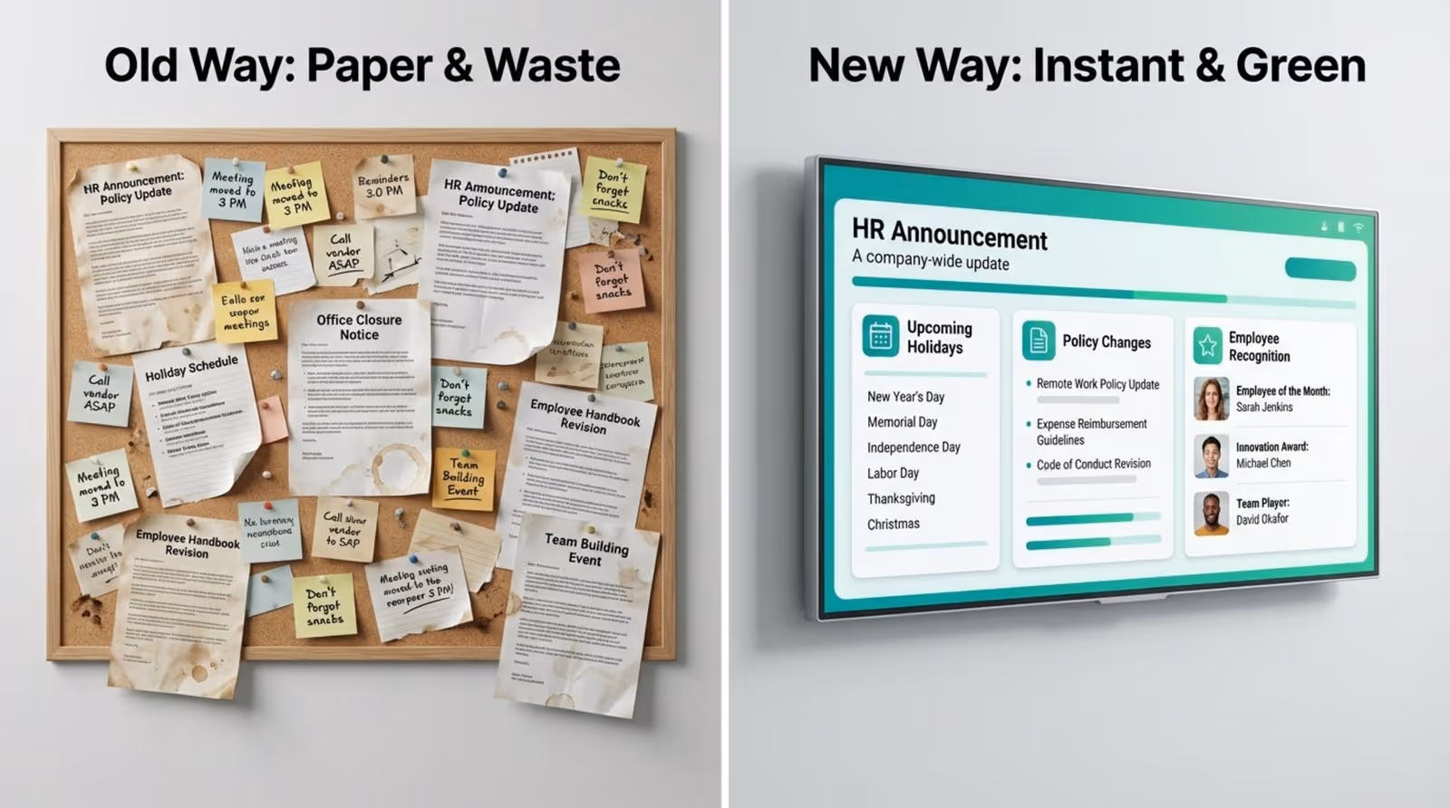 A diptych comparing traditional paper notices with digital HR announcements, highlighting the shift to organized and eco-friendly communication.
