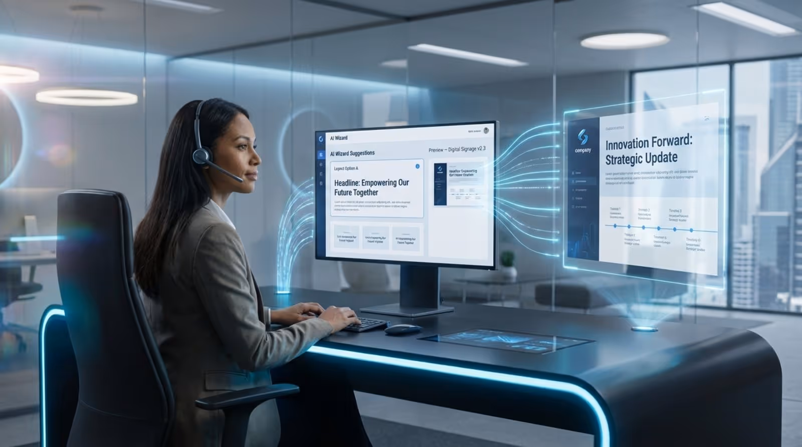 Futuristic illustration of an HR professional using a digital signage system with AI suggestions for company announcements.