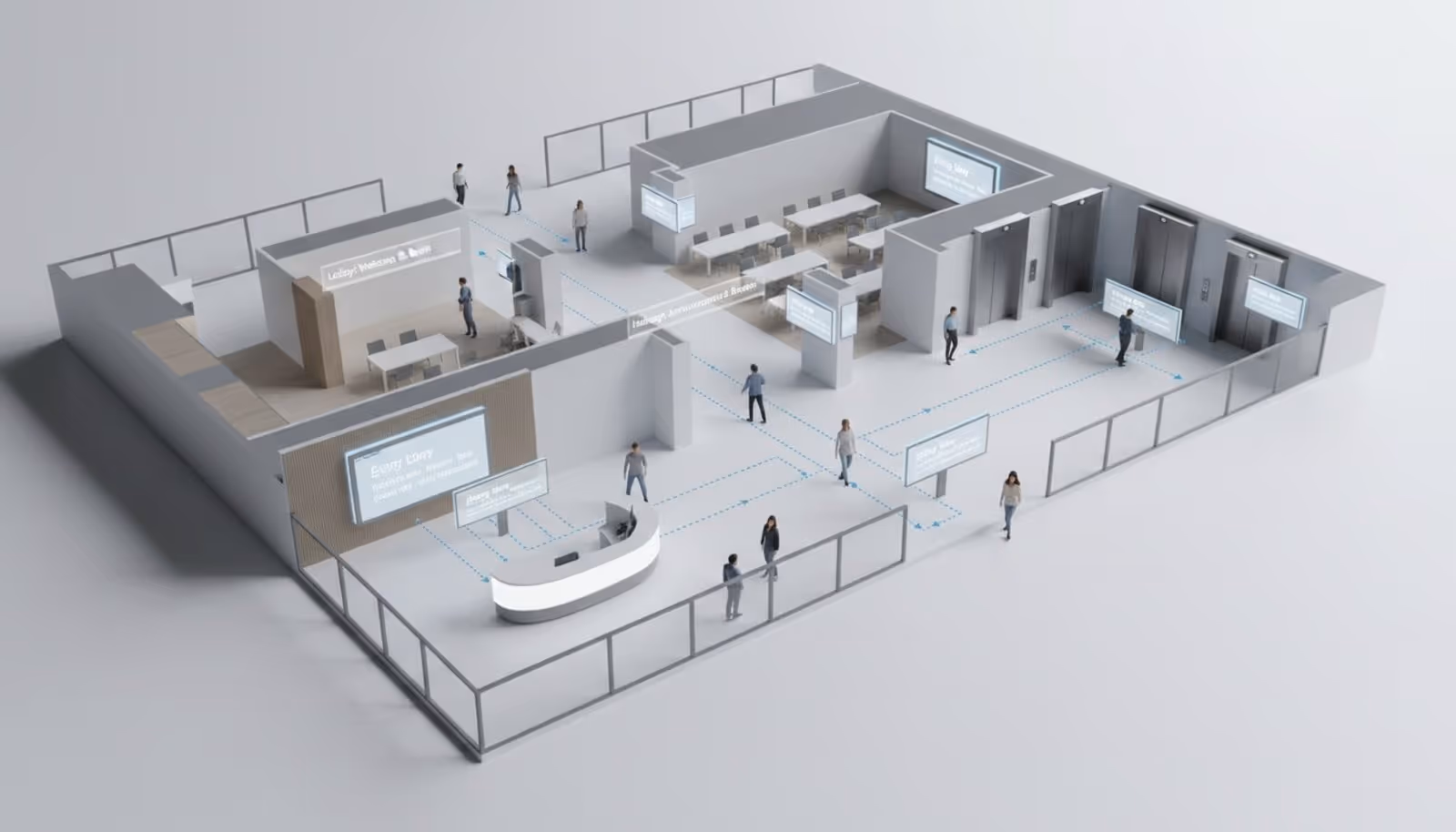 A 3D architectural diagram showing an office floor plan with digital screens in key areas and foot traffic patterns.