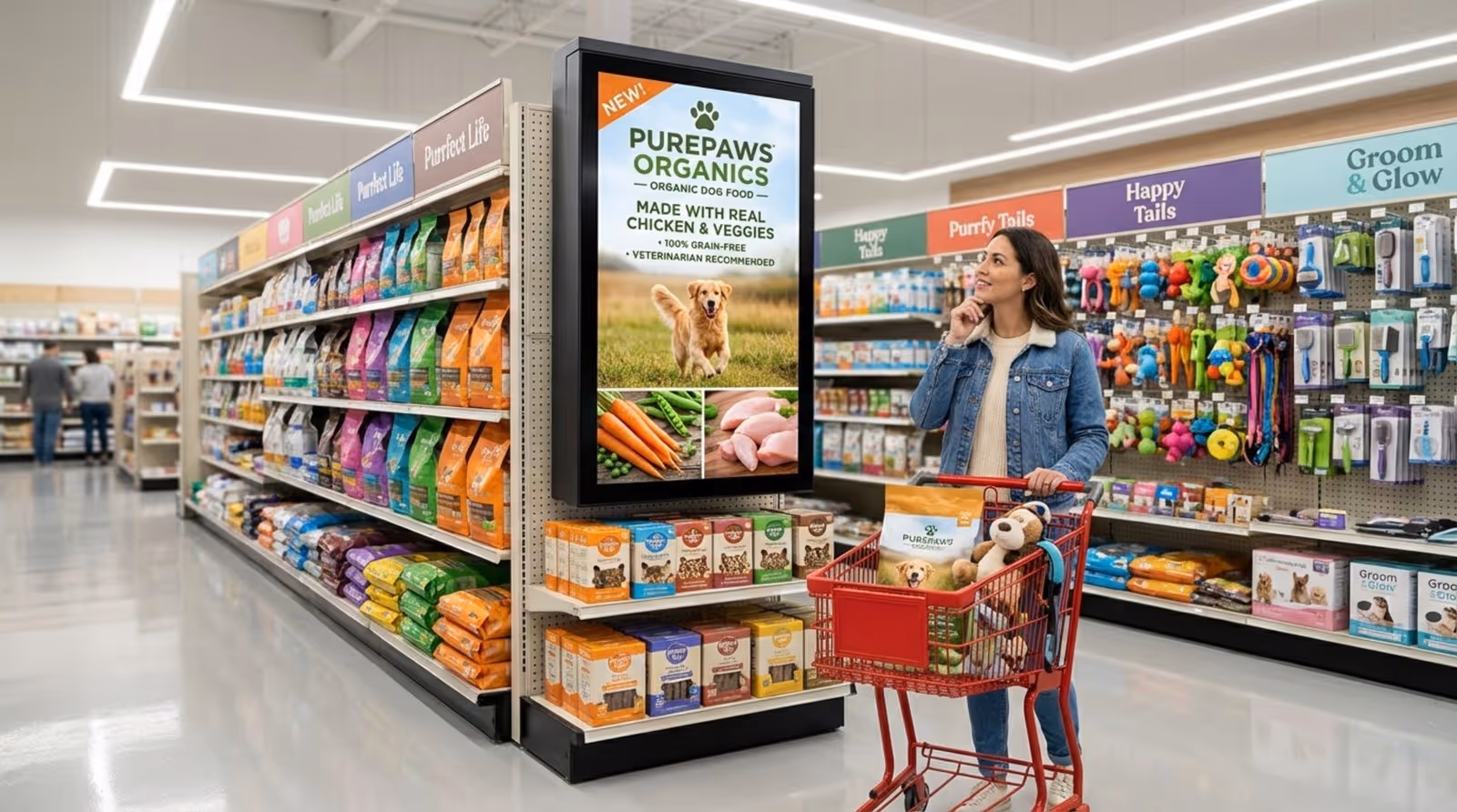 A customer looks at a digital signage screen promoting organic dog food in a bright, modern pet store aisle.