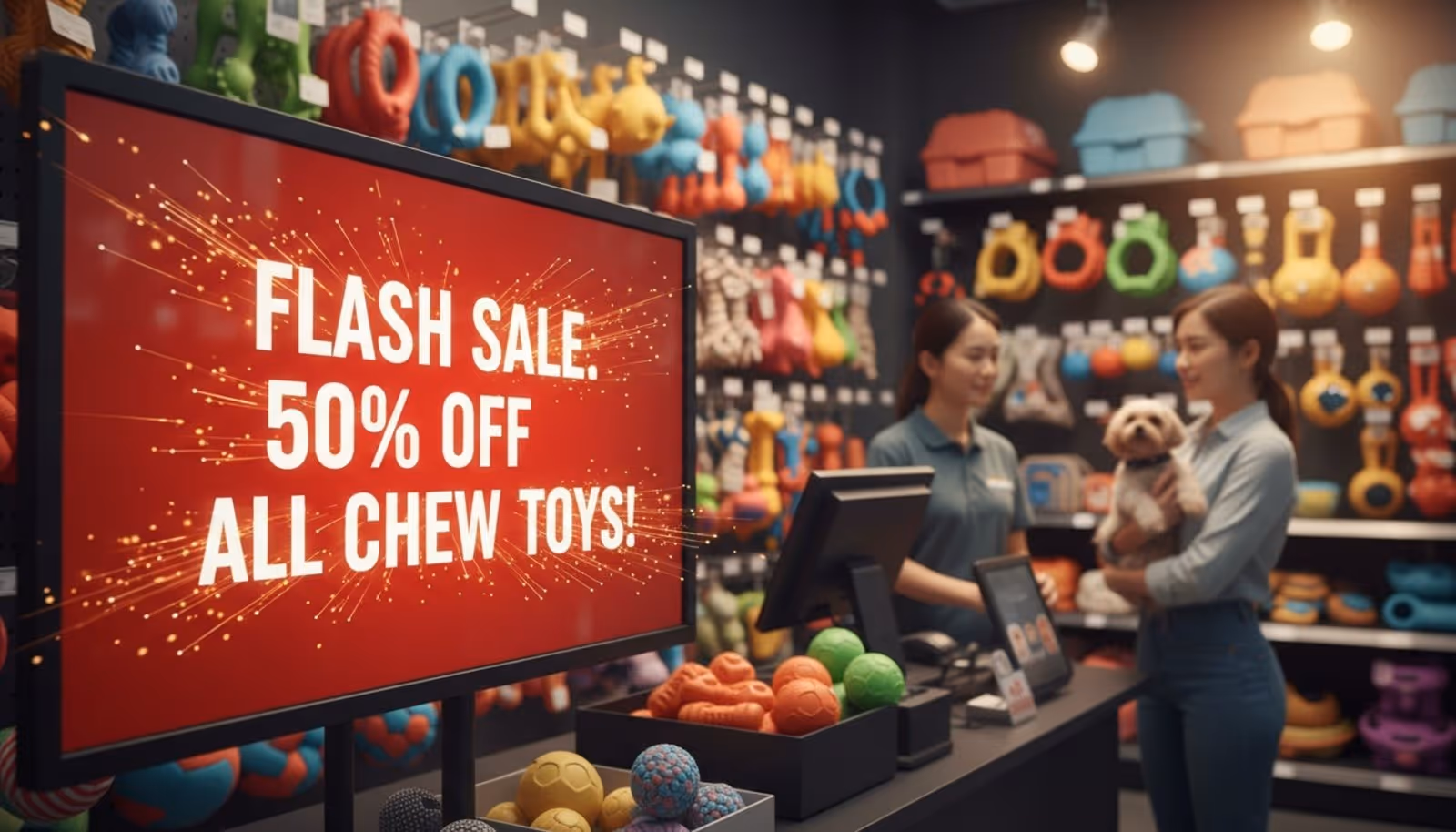 A bright red digital sign at a pet store checkout announces a flash sale with animated sparks and stars.