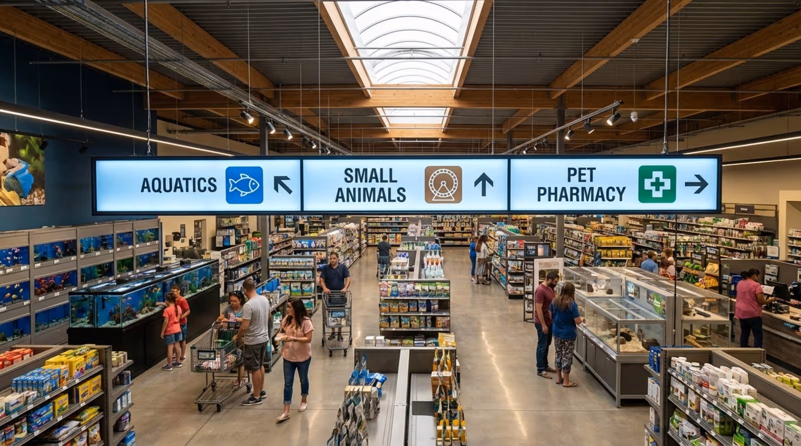 Wide-angle view of a well-organized pet store interior featuring a digital wayfinding sign with section labels and icons.