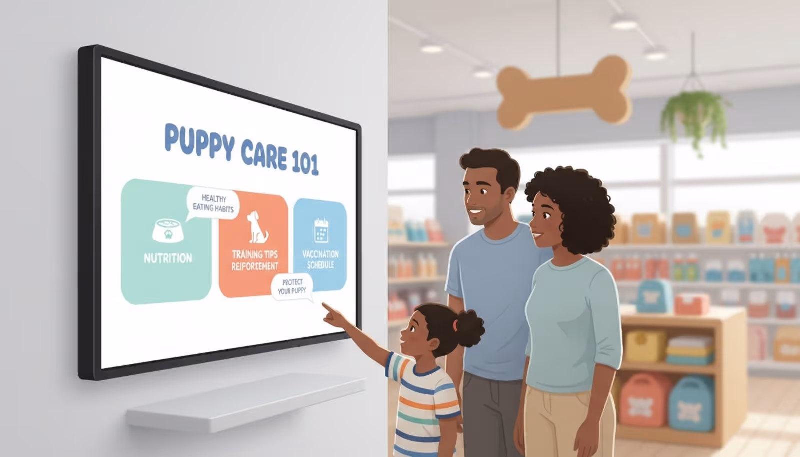 A modern digital screen in a pet store displaying puppy care information with icons and text bubbles for family education.