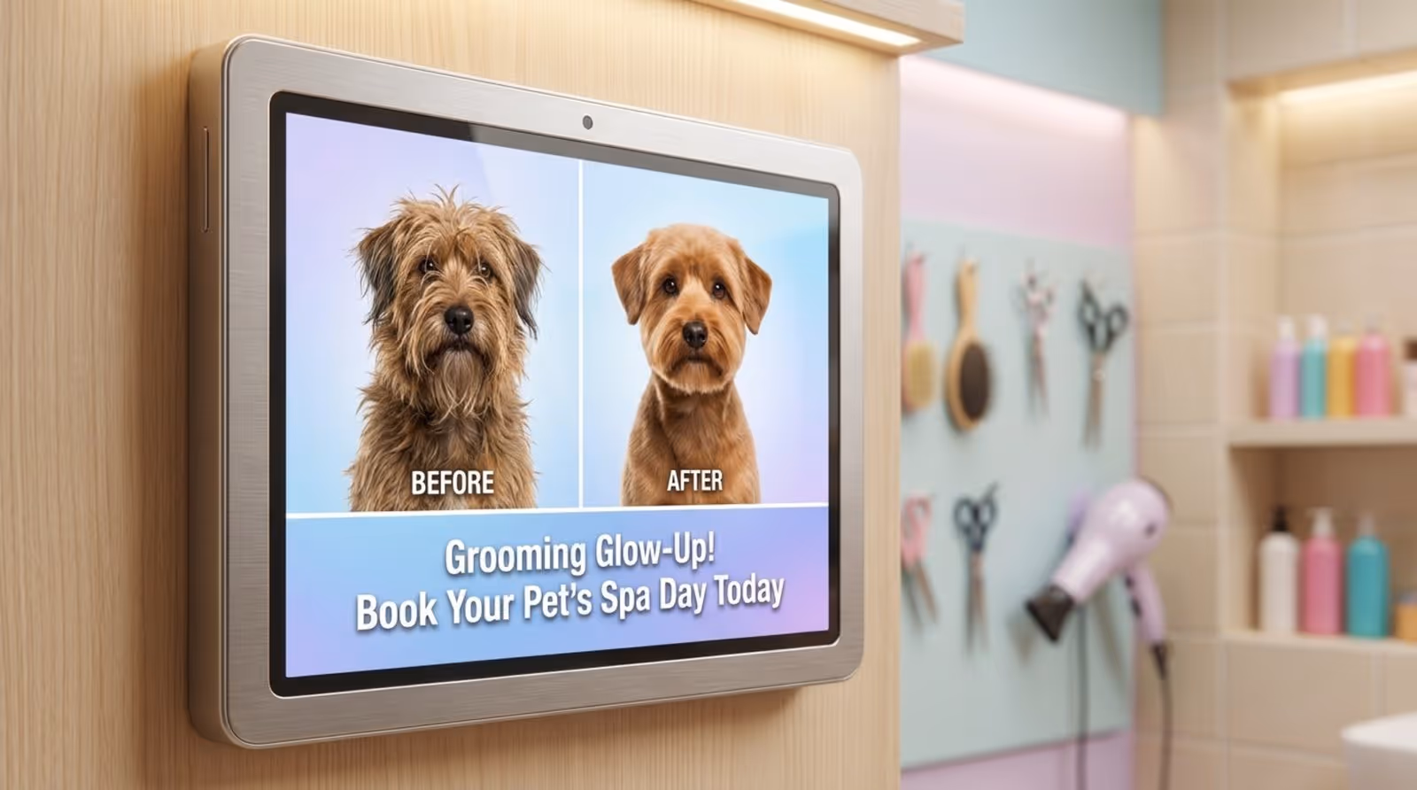 Photorealistic close-up of a digital screen showing a pet grooming transformation with before and after images and booking message.