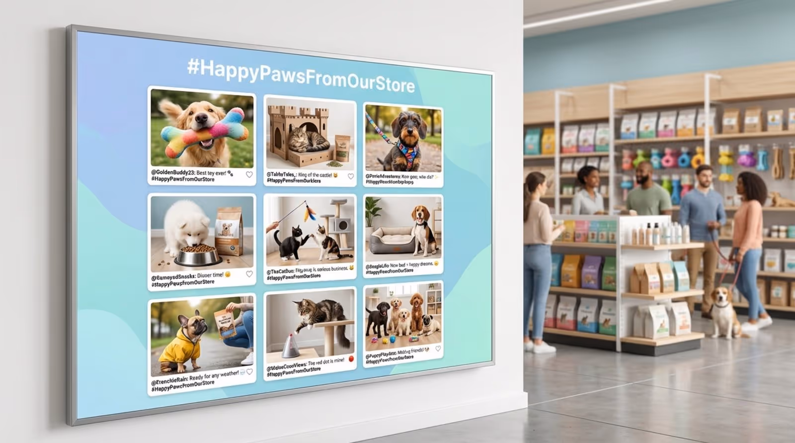 A digital signage screen displaying a social media feed of happy pet photos in a store setting.
