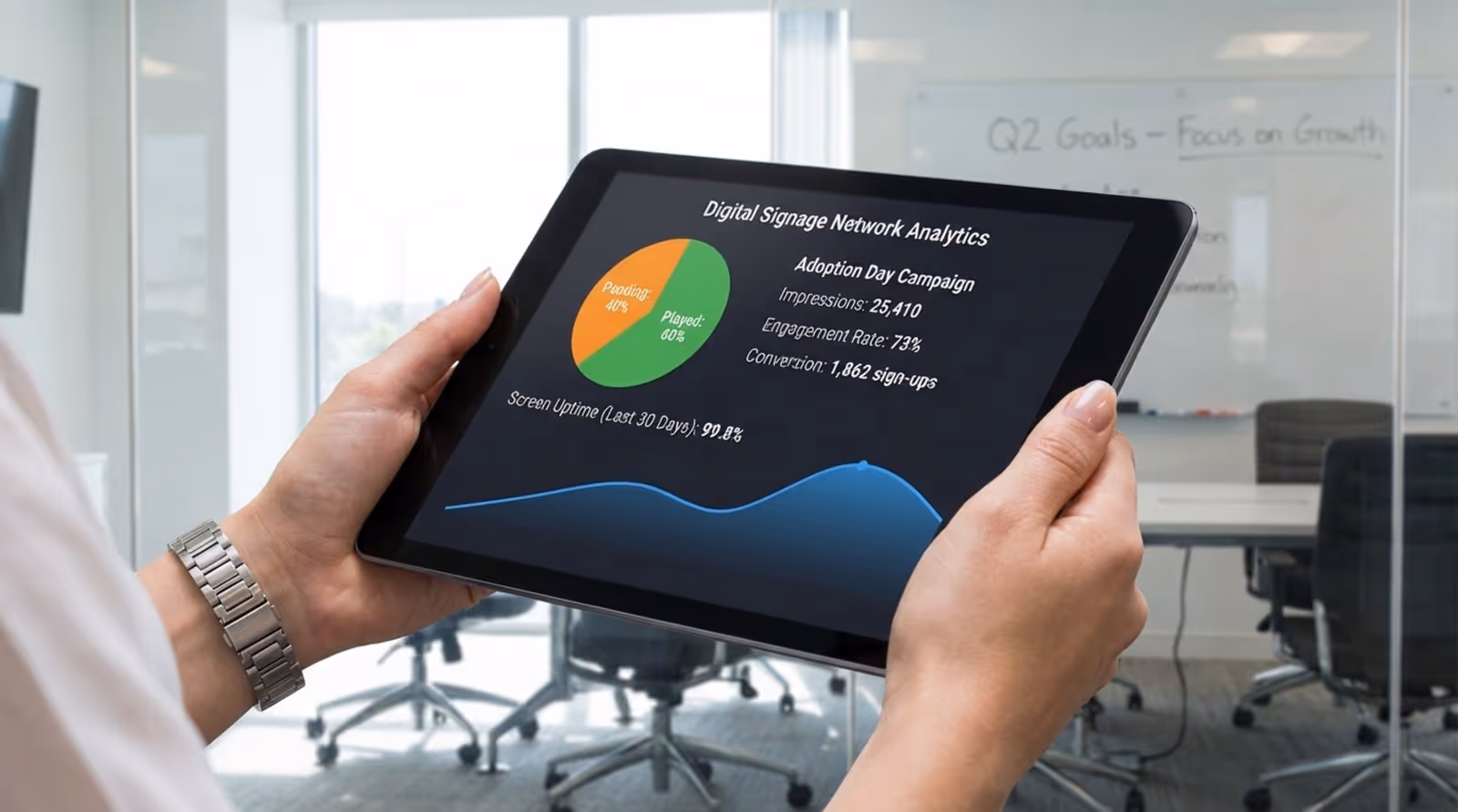 Close-up of a store manager holding a tablet displaying a modern analytics dashboard with charts and metrics for digital signage performance.