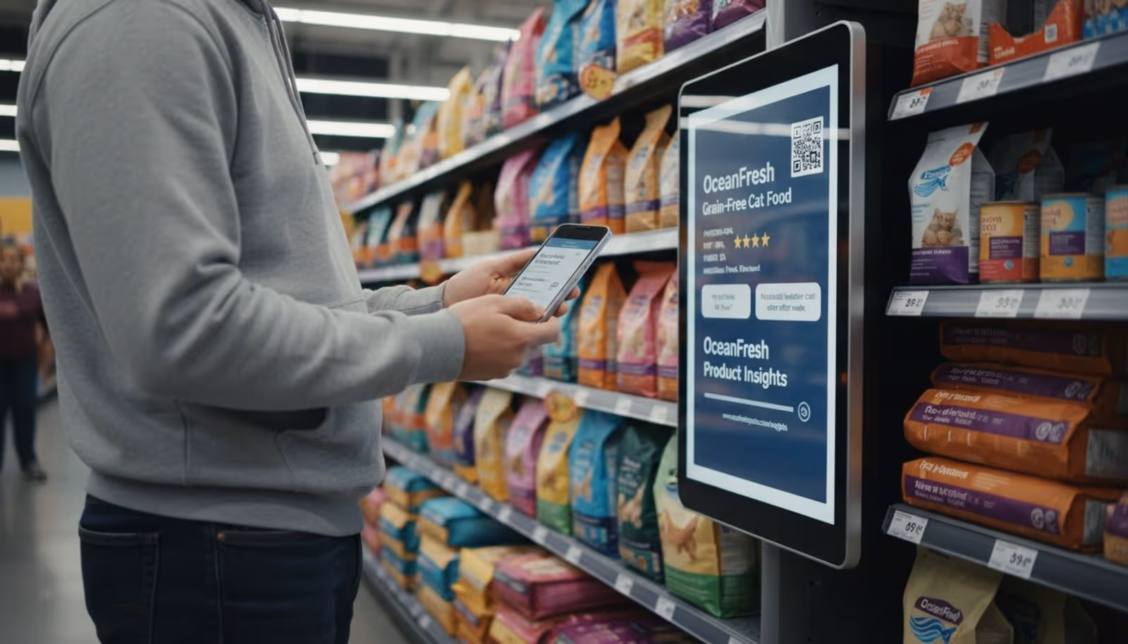 Person scans a QR code on a digital screen in a pet food aisle to view product details and reviews.