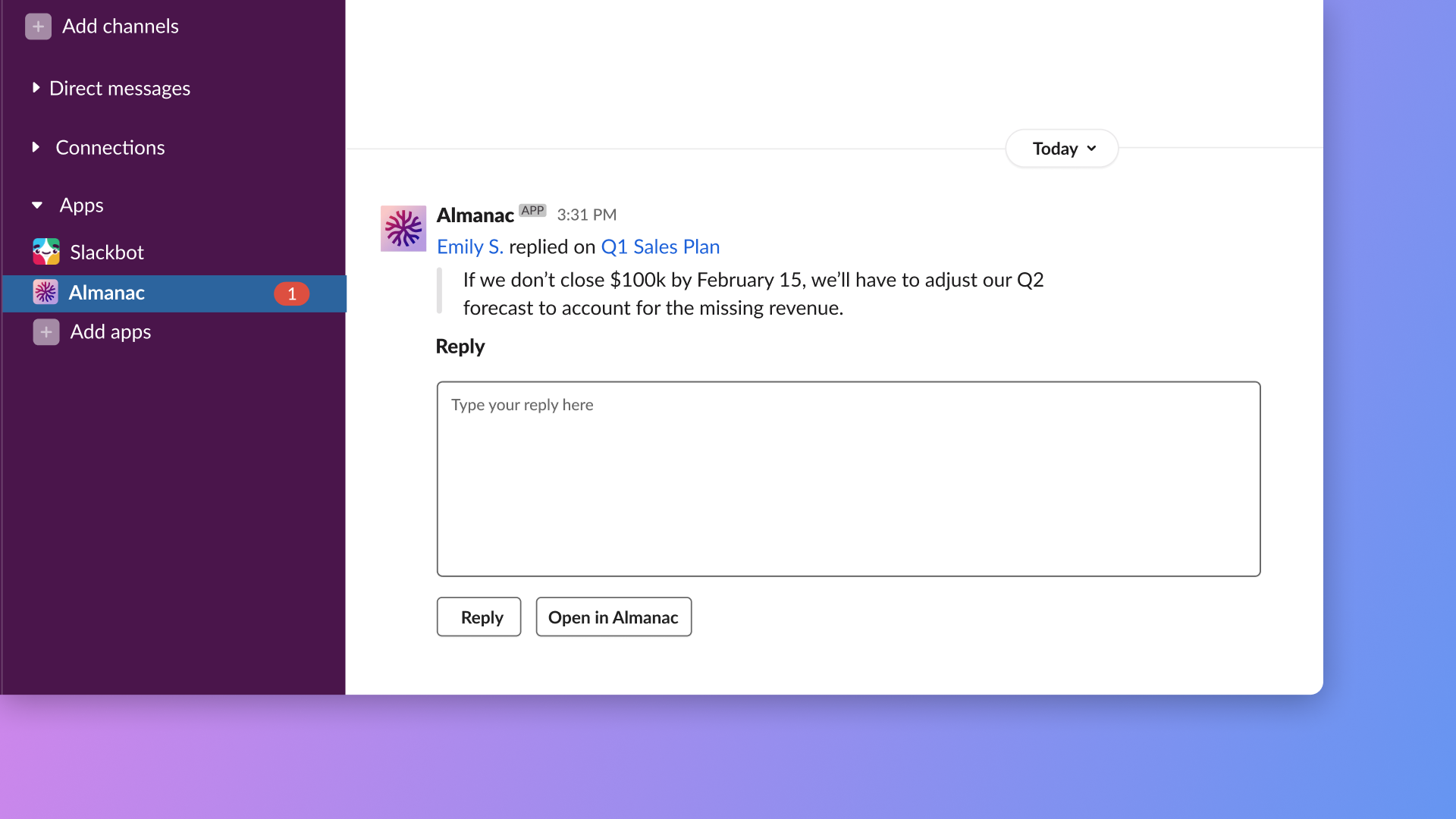 Almanac's integration with Slack allows you to receive notifications of comments, docs shared with you, and access requests. Easily respond to comments, grant access requests, and open docs that have been shared with you.