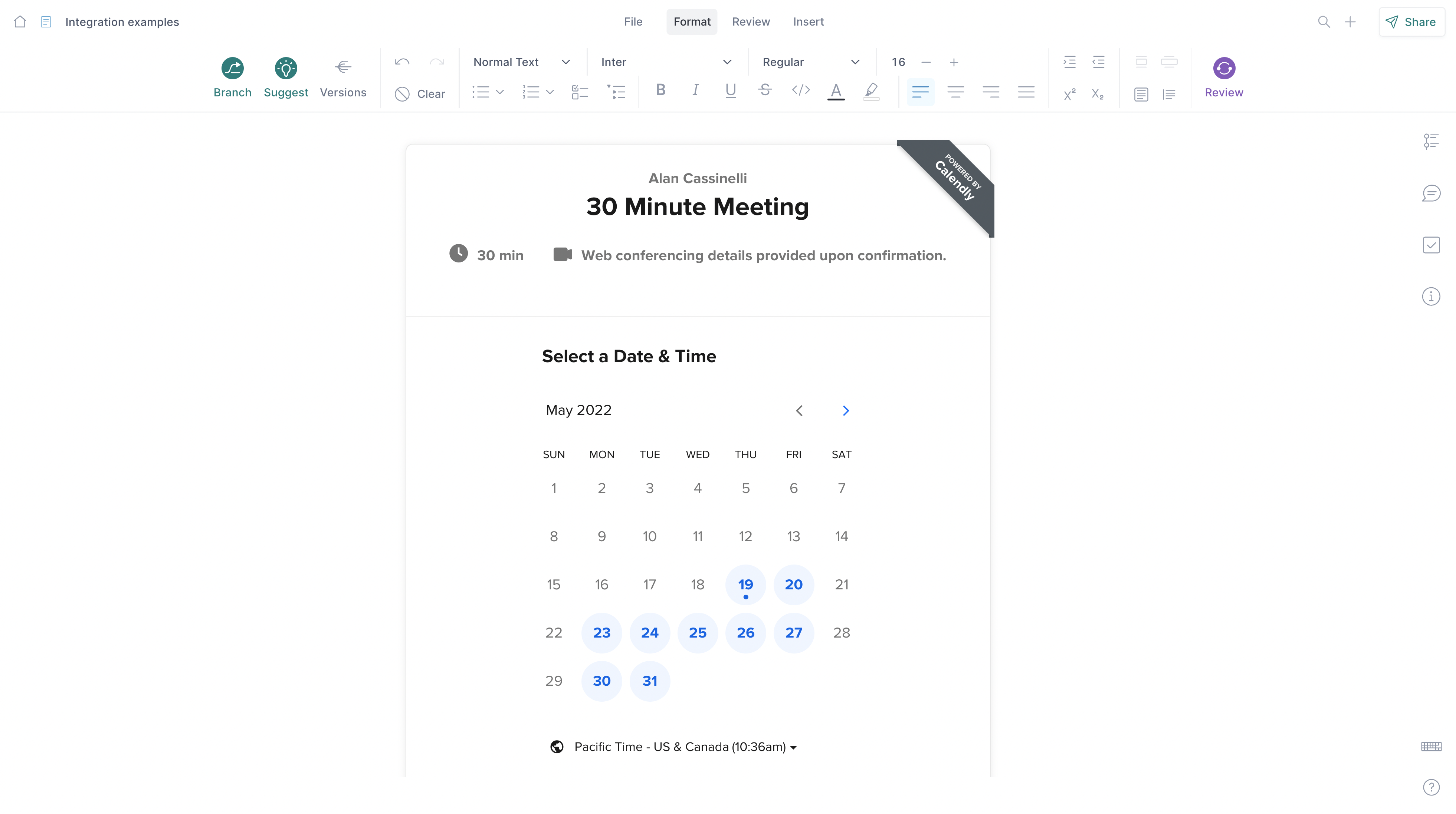 Almanac's integration with Calendly allows you to embed meeting events in documents, making it easy to use public docs to book events.