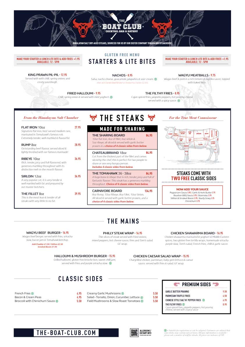 Gluten Free Menu for The Boat Club, Durham.