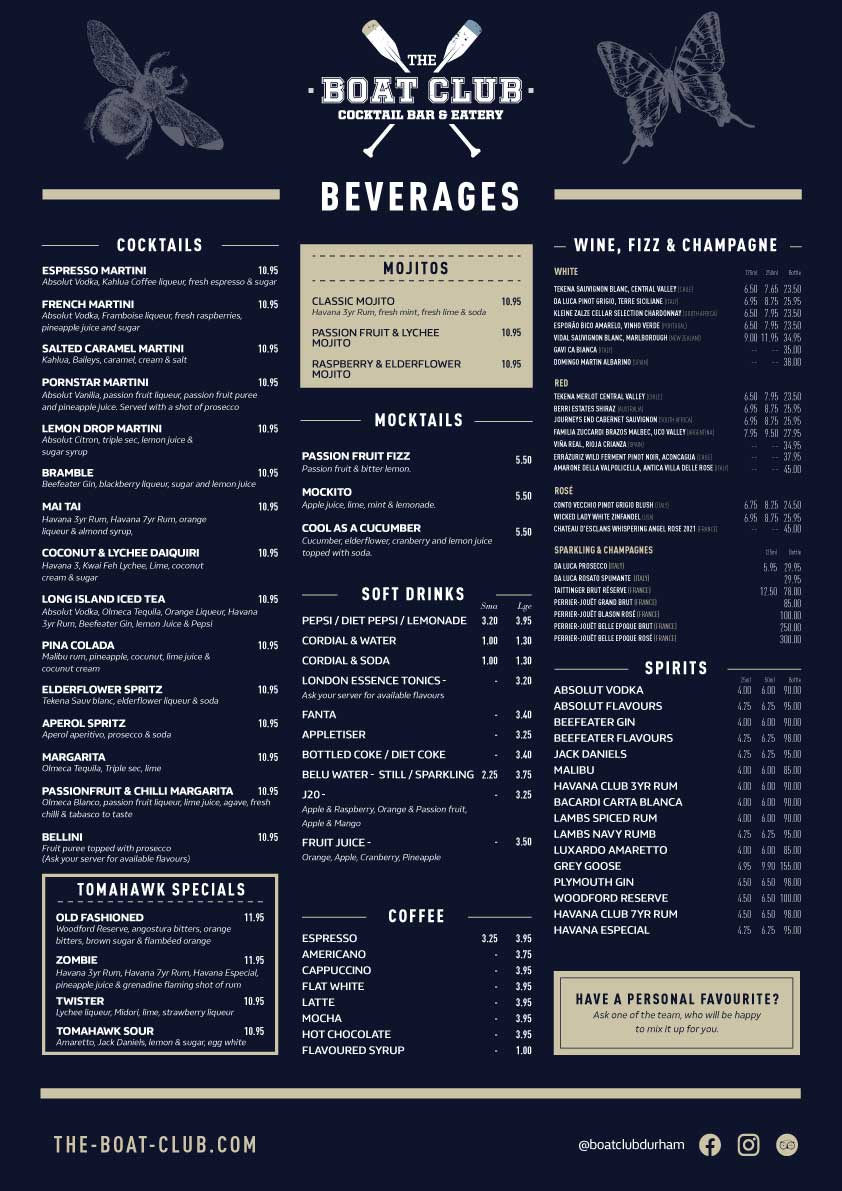 Restaurant Drinks Menu for The Boat Club, Durham.