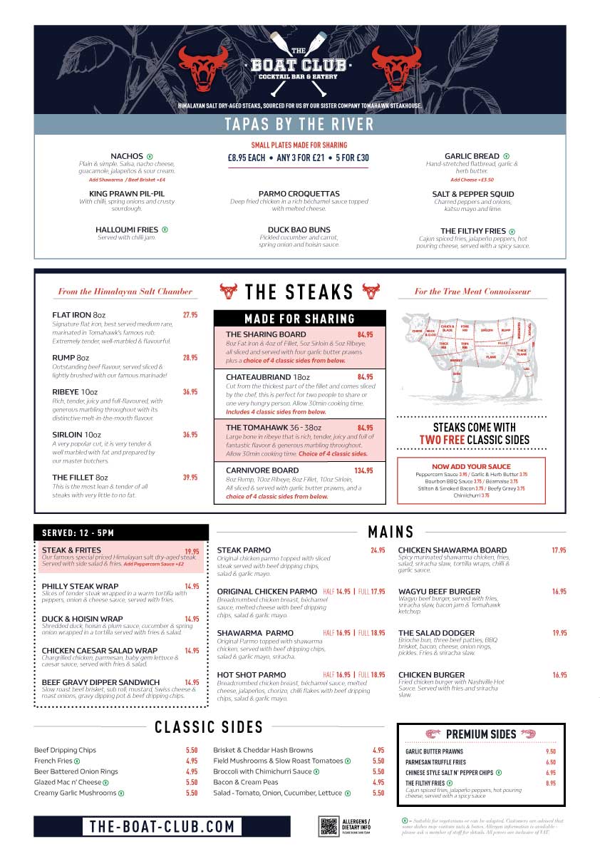 Lunch / Main Menu for The Boat Club, Durham.