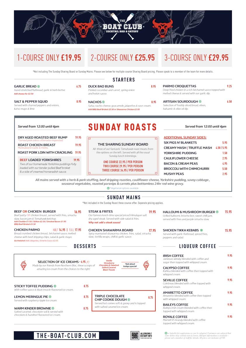 Sunday Lunch menu for The Boat Club, Durham.