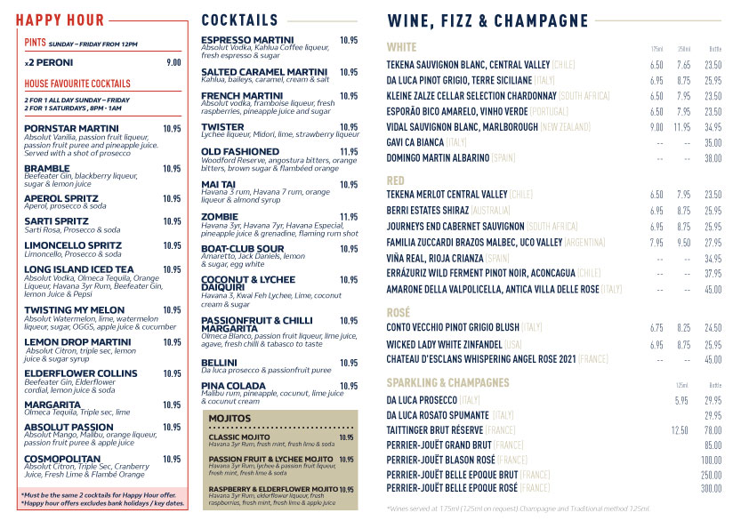 Downstairs Drinks menu for The Boat Club, Durham.