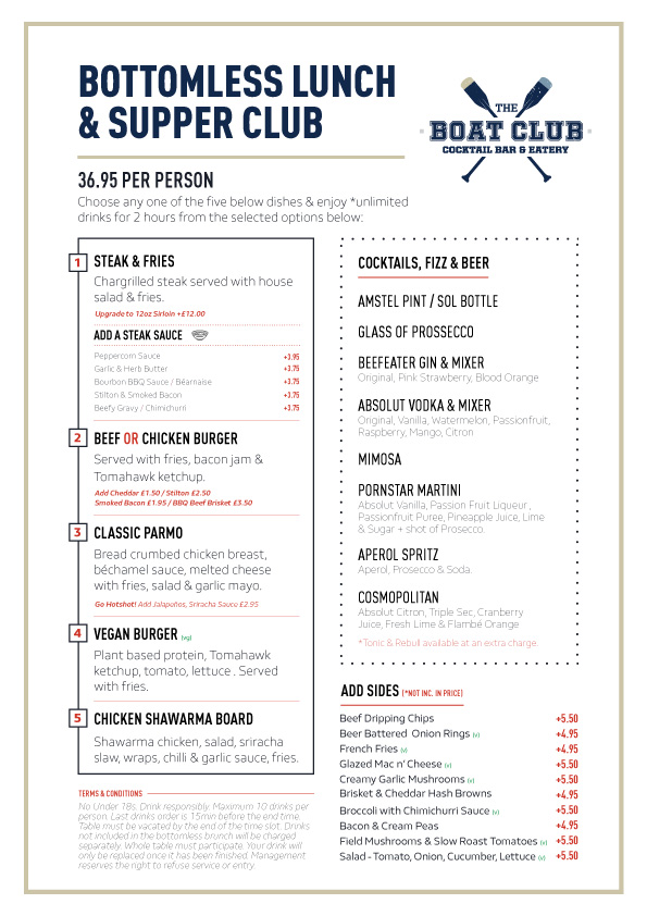 Restaurant Drinks Menu for The Boat Club, Durham.