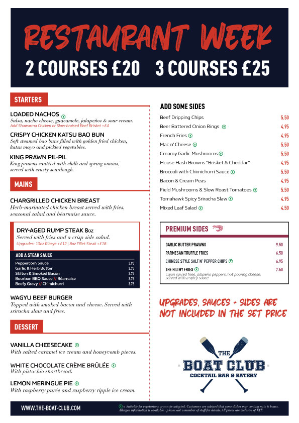 Restaurant Drinks Menu for The Boat Club, Durham.