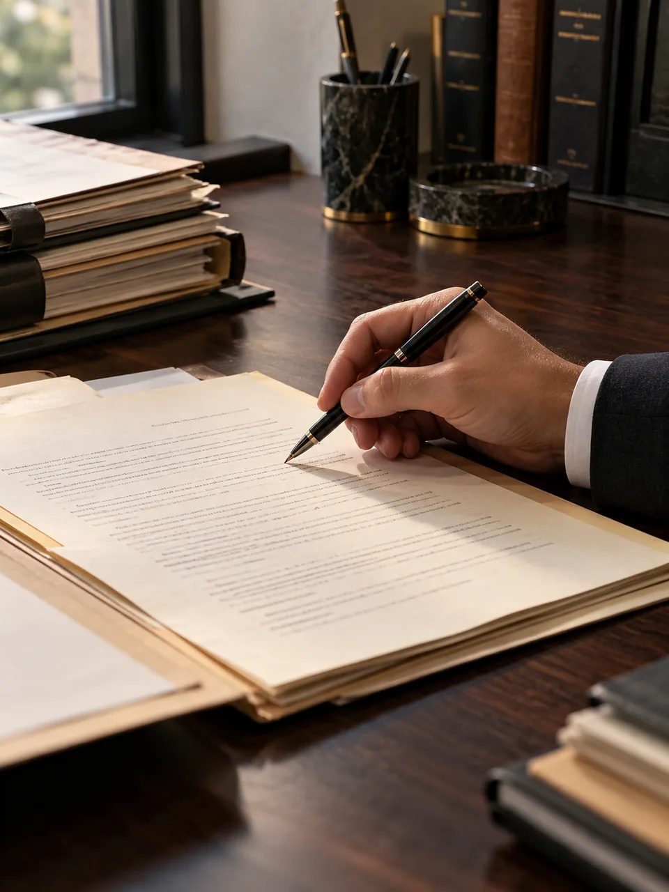 Hukuk bürosunda dava dosyasını inceleyen avukatın eli