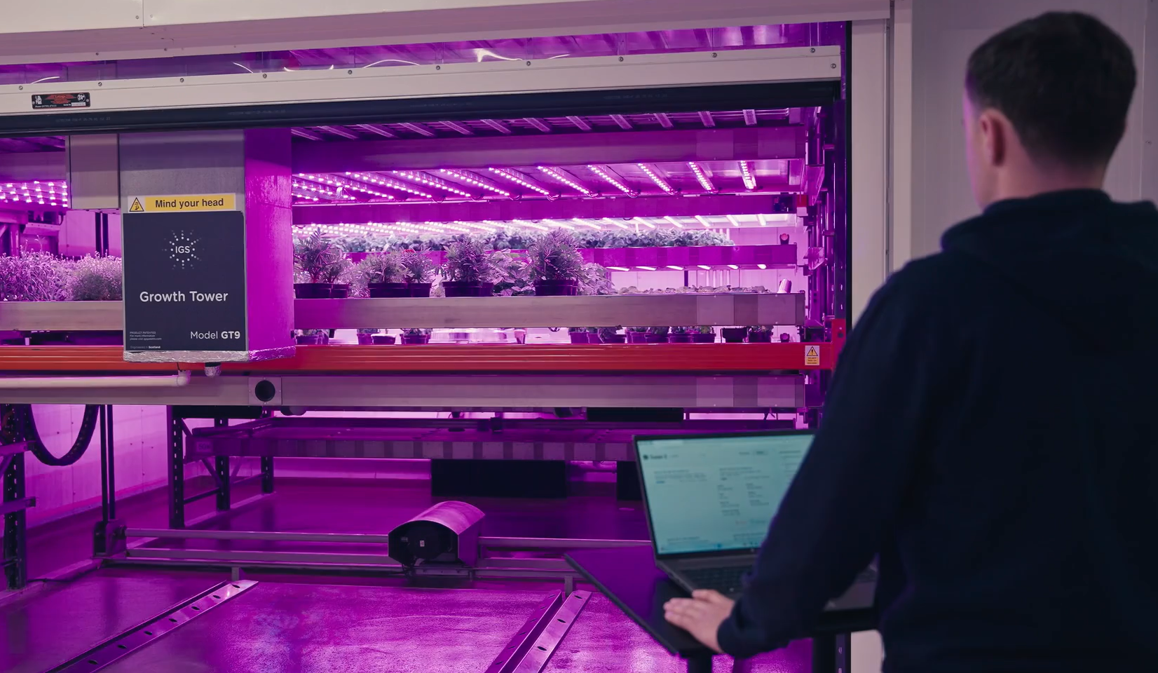perator uses laptop to manage vertical farm Growth Tower with purple LED grow lights.