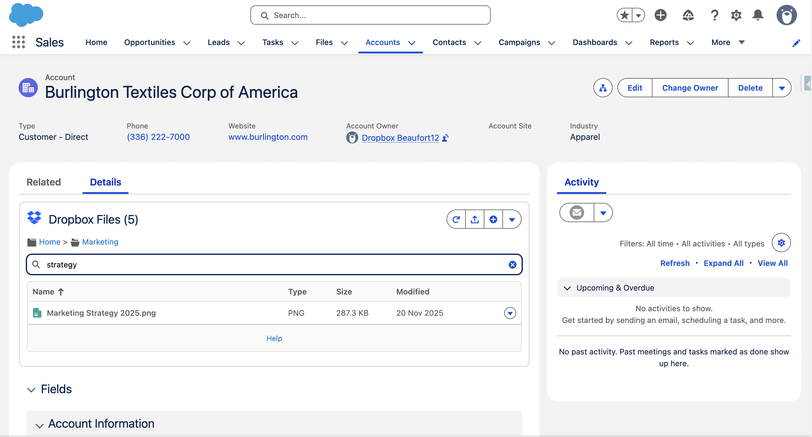 Searching Dropbox files from a Salesforce record