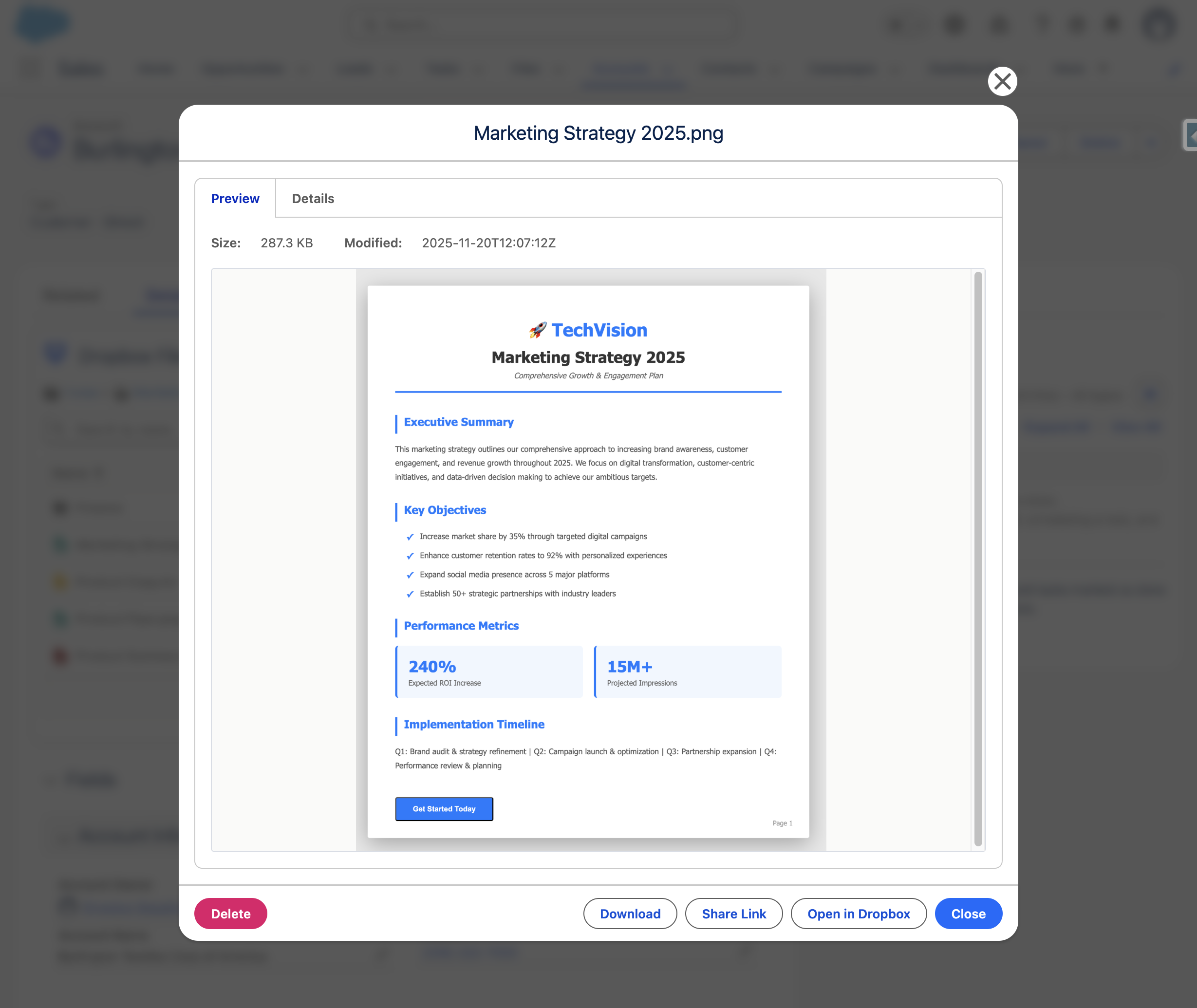 Dropbox file preview with download and sharing controls