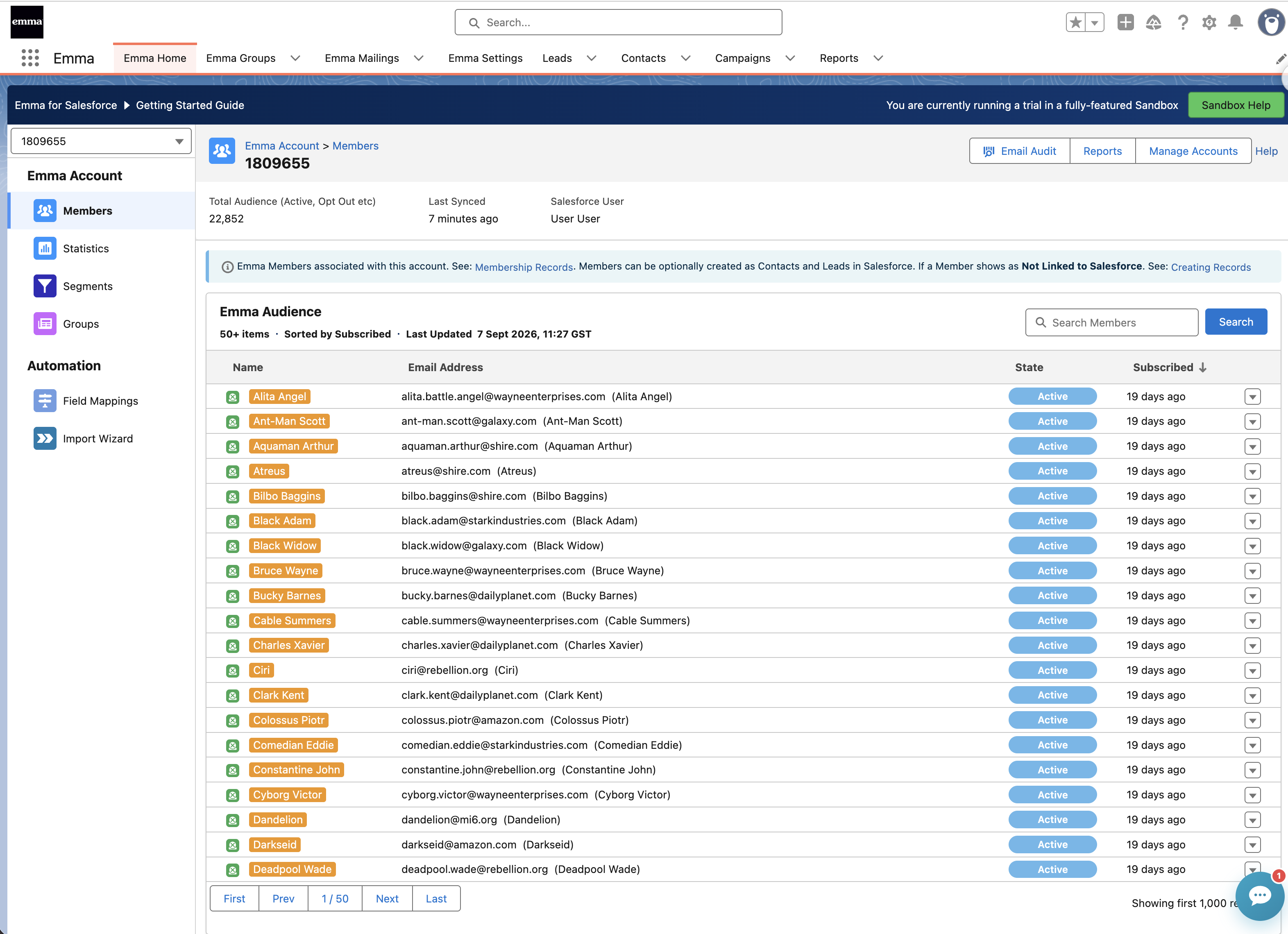 Emma audience members and subscription status in Salesforce