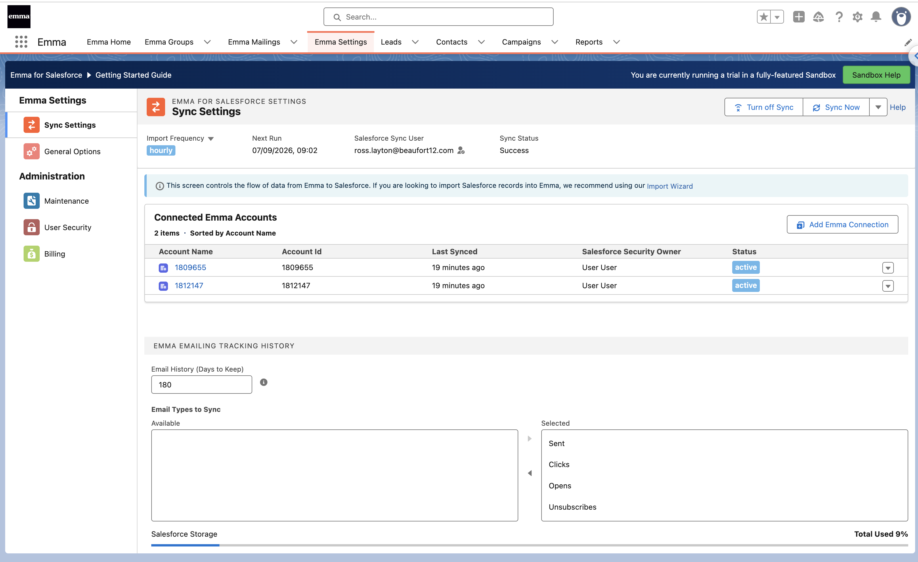 Connected Emma accounts and sync settings in Salesforce