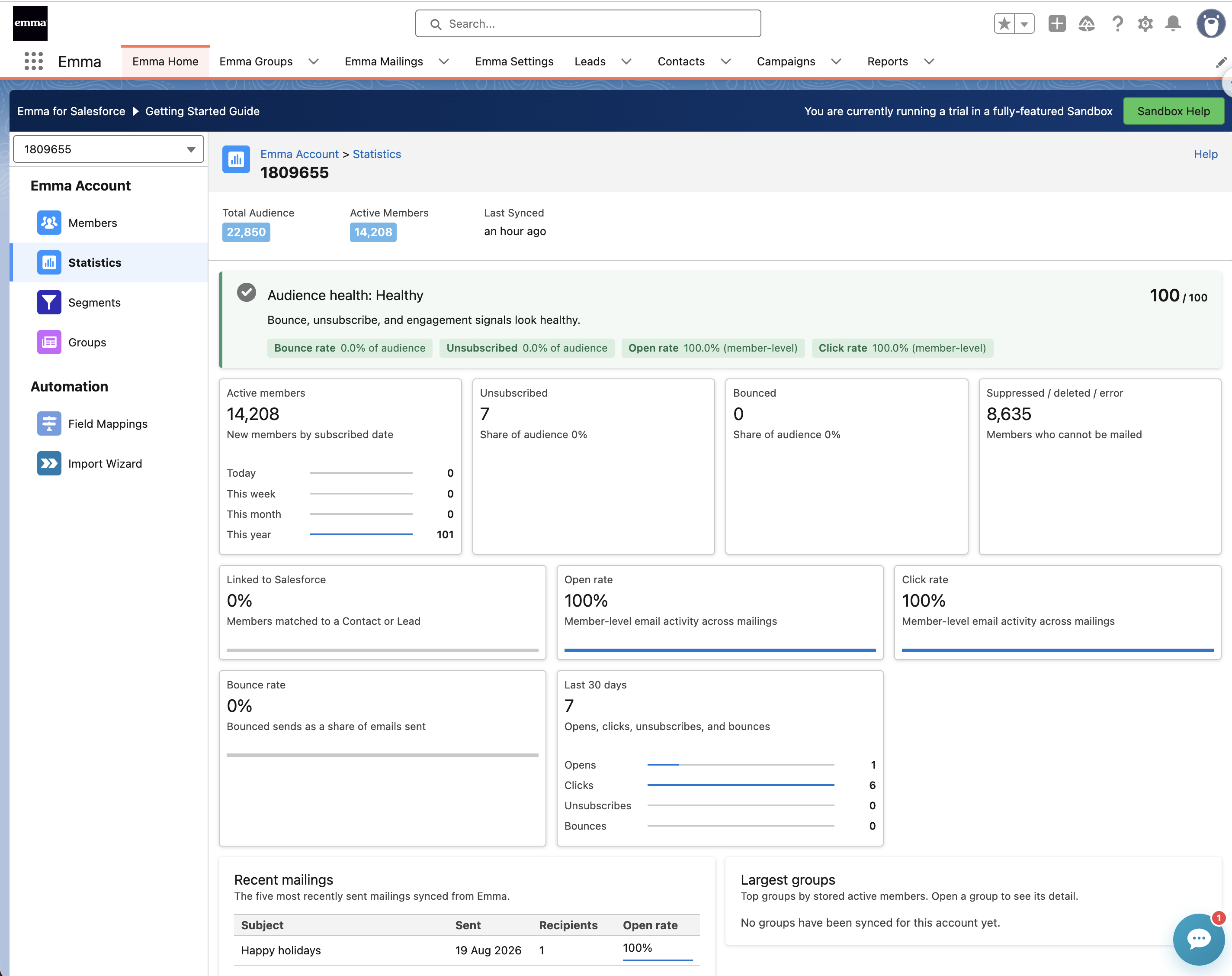 Emma audience statistics in Salesforce, showing audience health, active members, email engagement and recent mailing activity