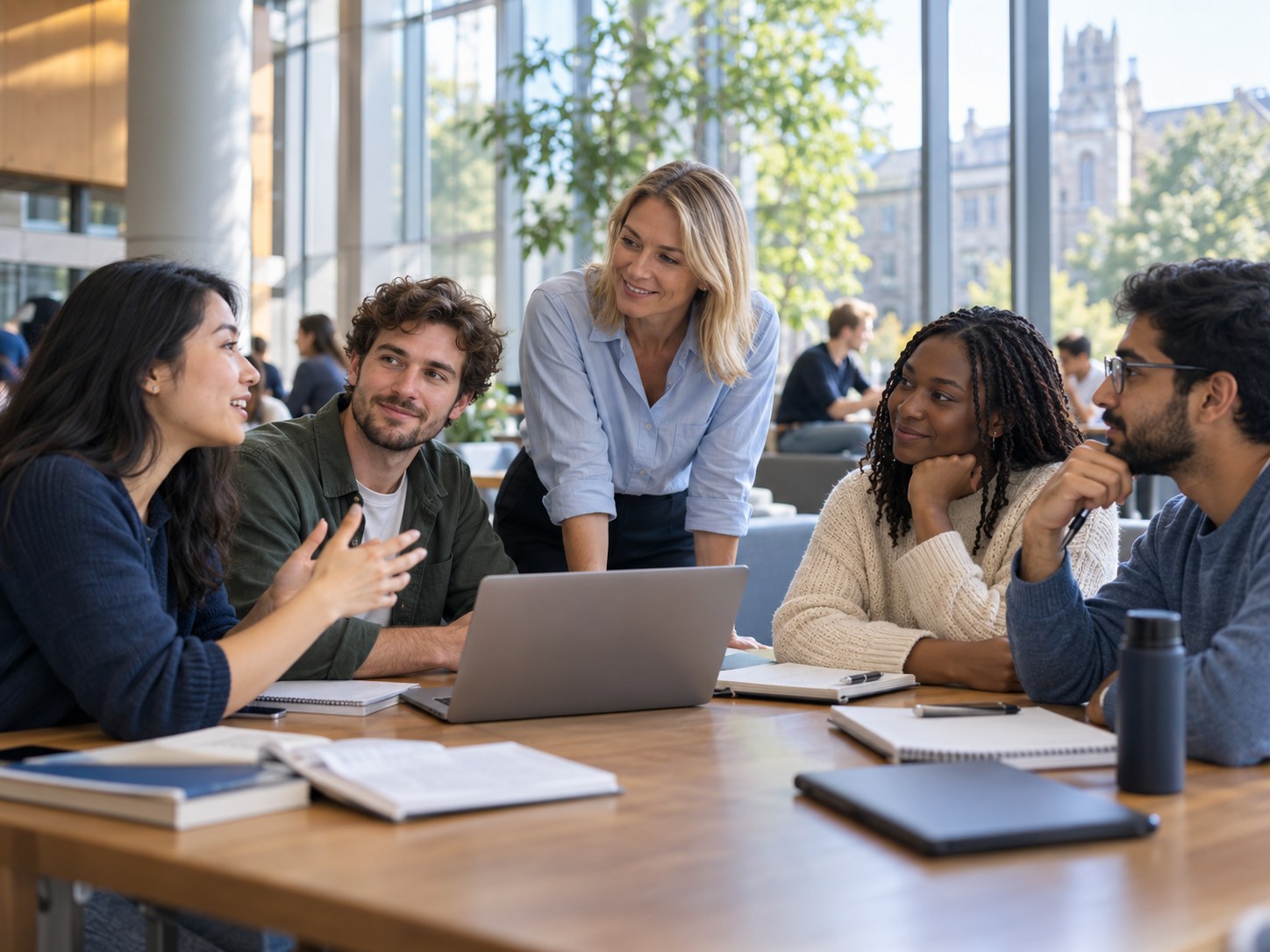 University students and an adviser talking together in a campus study space.