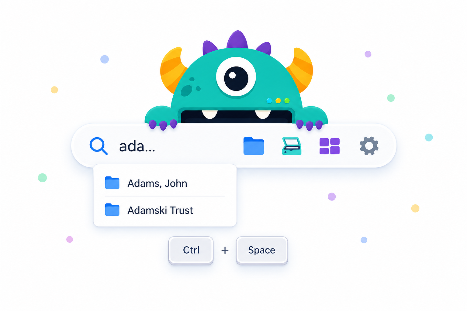 The docMonster launcher pill with instant client folder suggestions