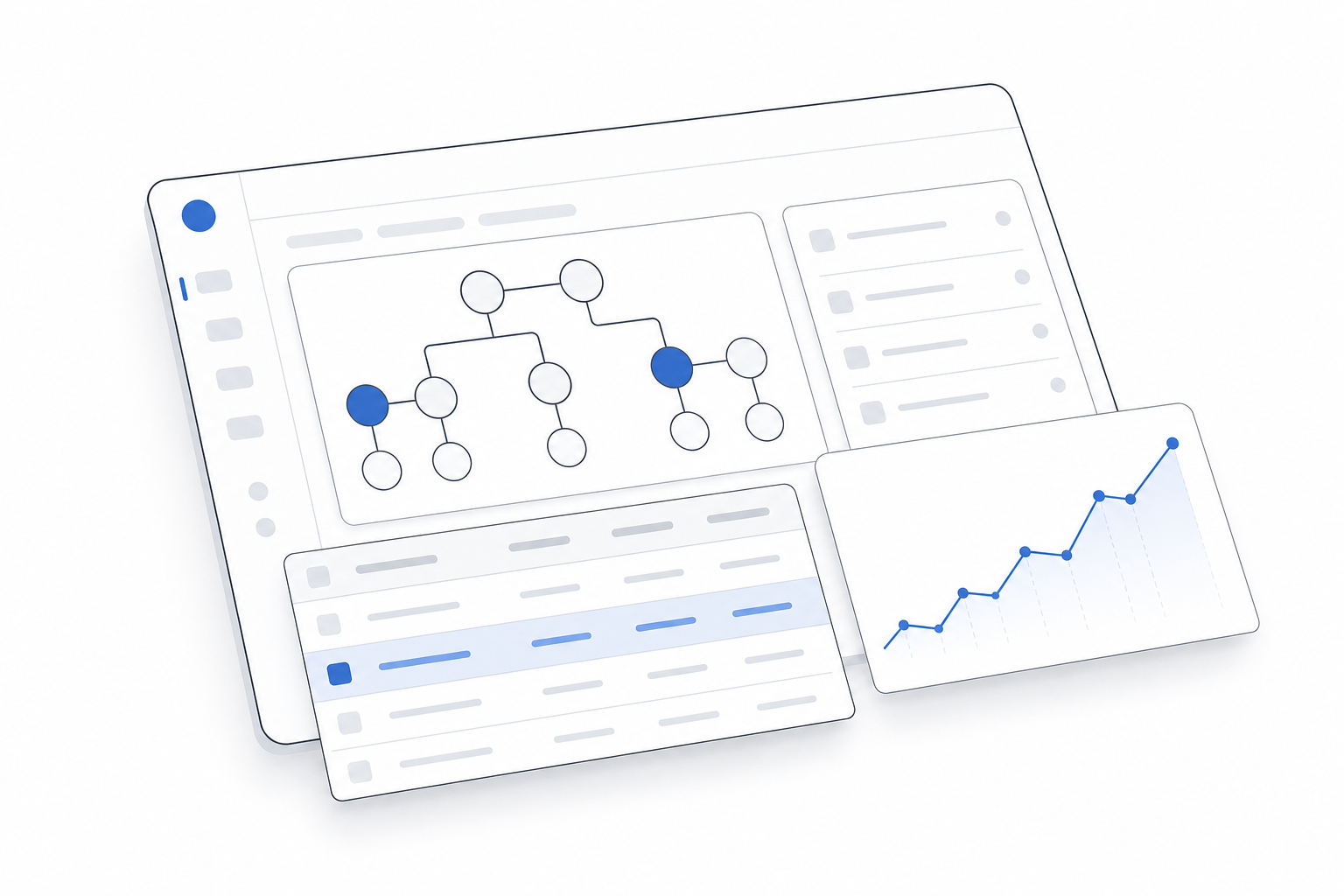 Legal System dashboard illustration with family tree, ledger, and growth chart