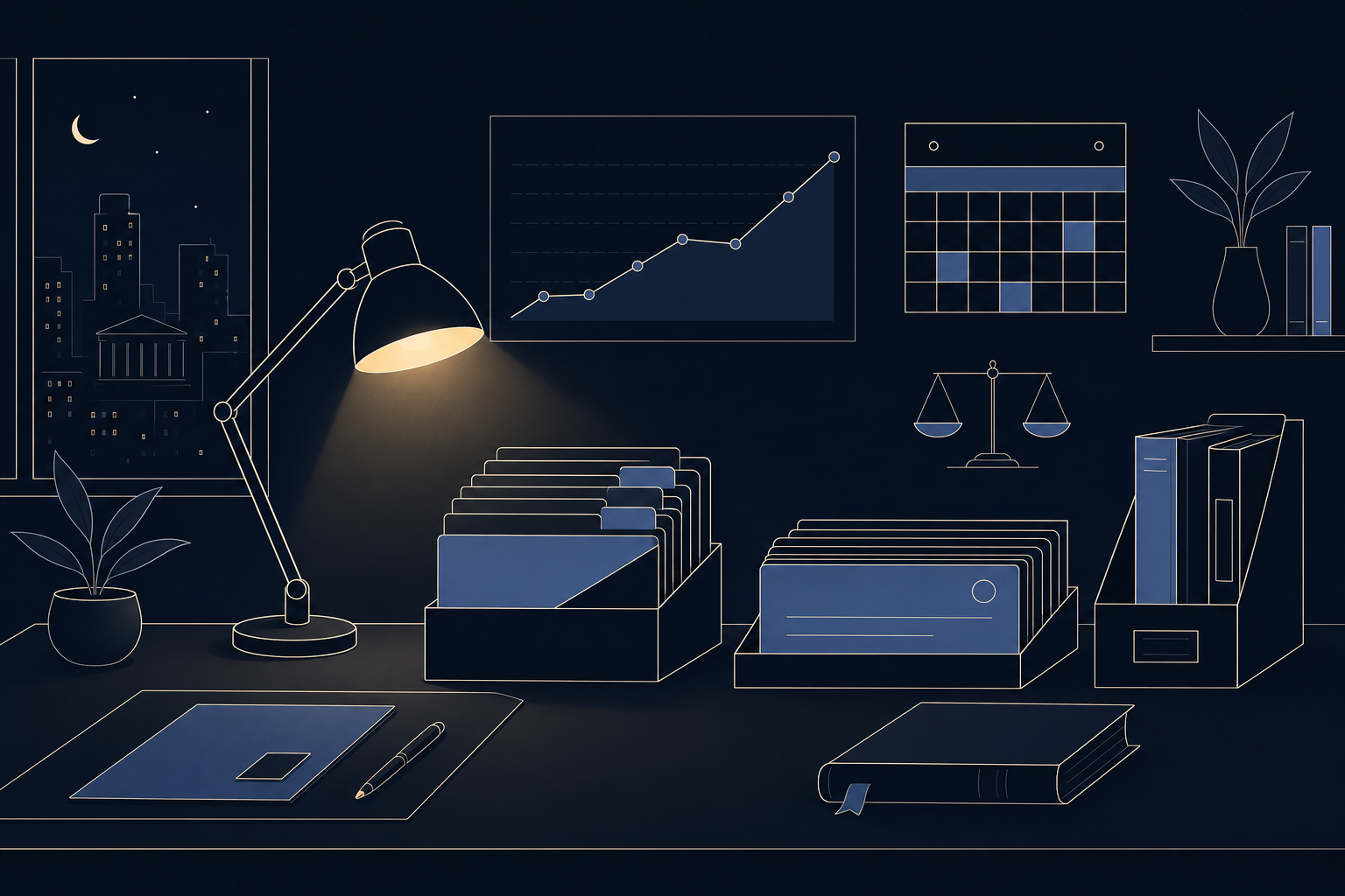Illustration of an elder law office at night with organized files, a calendar, and a growth chart