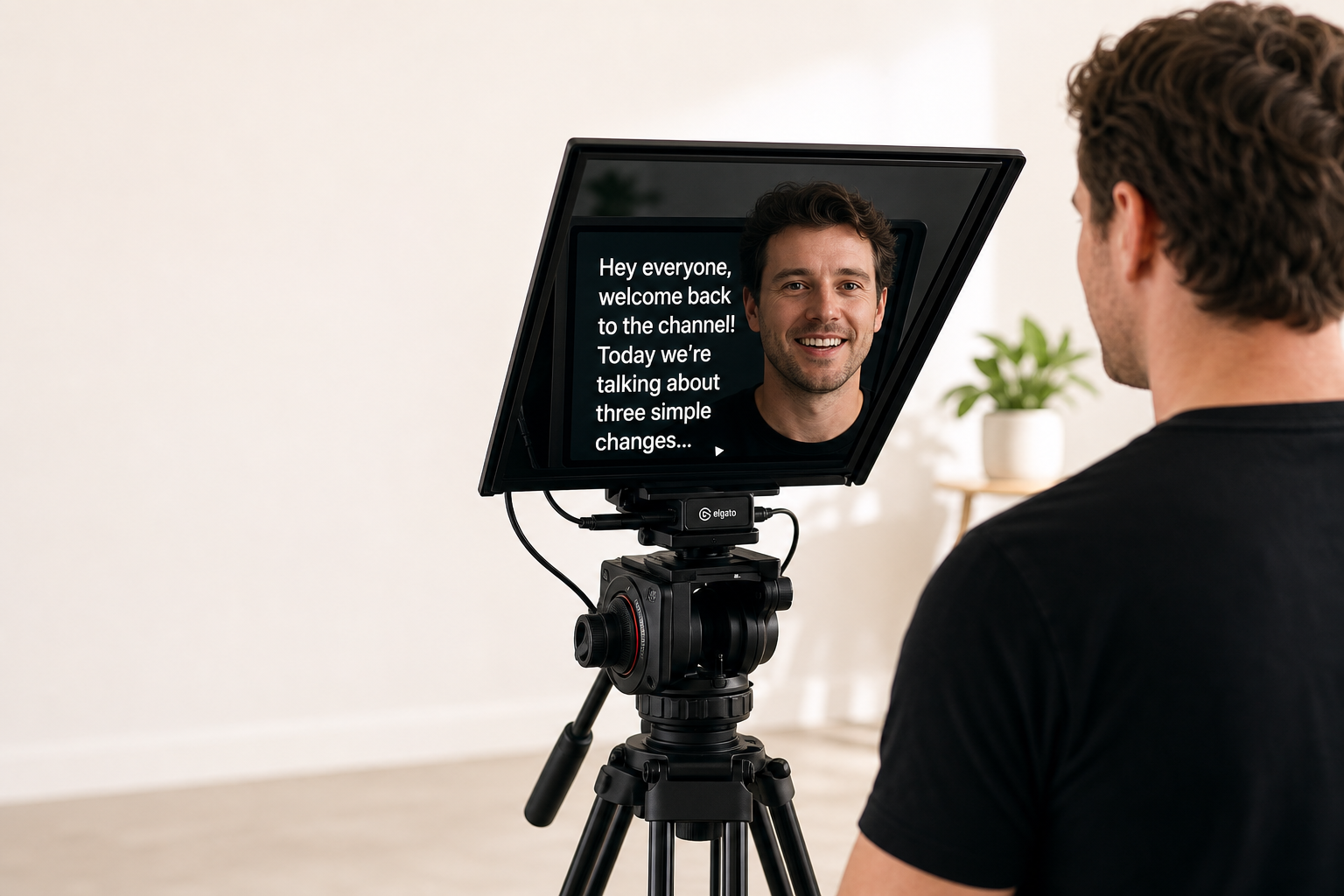 Creator reading a script over his own face on an Elgato Prompter teleprompter