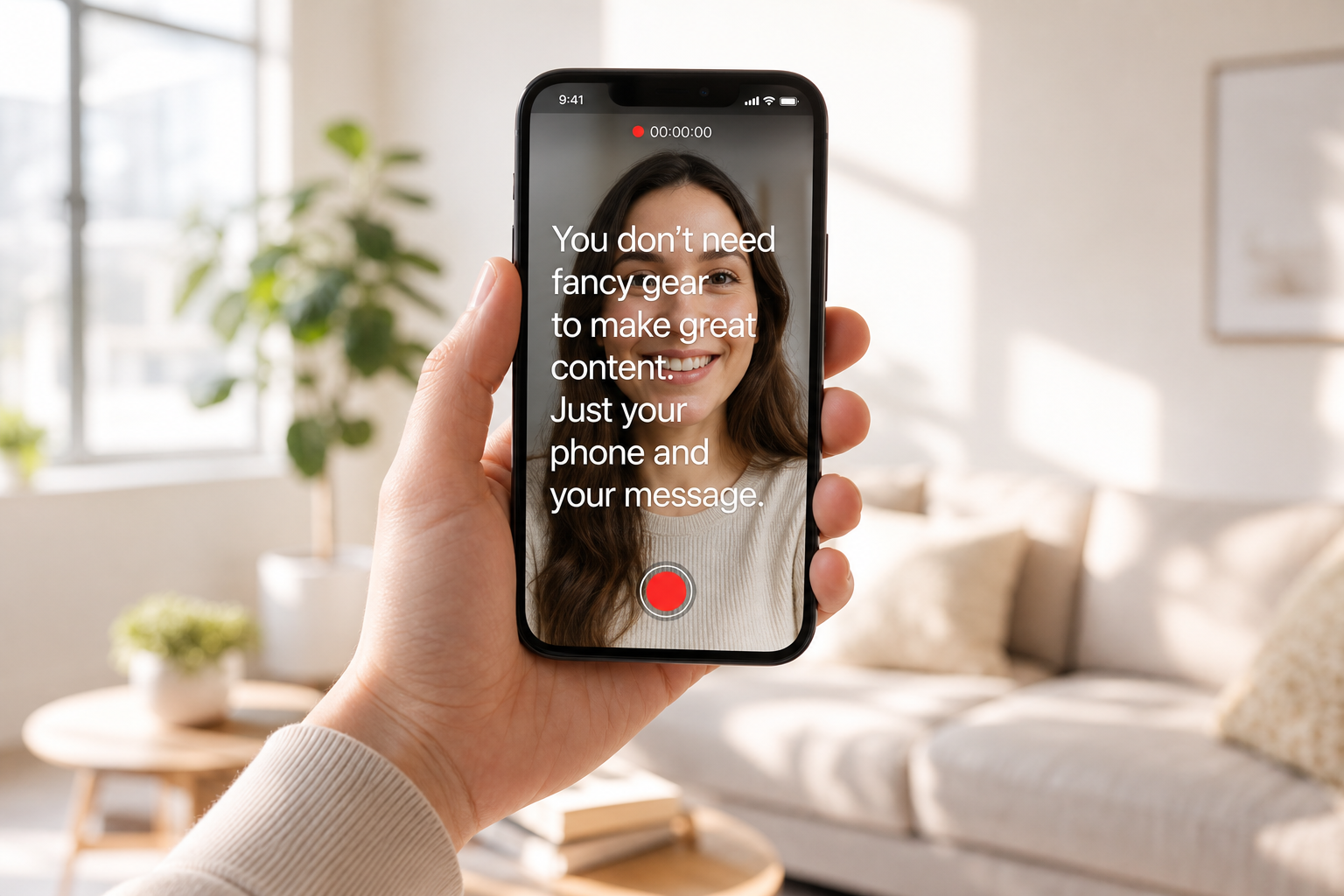 Hand holding an iPhone with teleprompter text over the selfie camera view