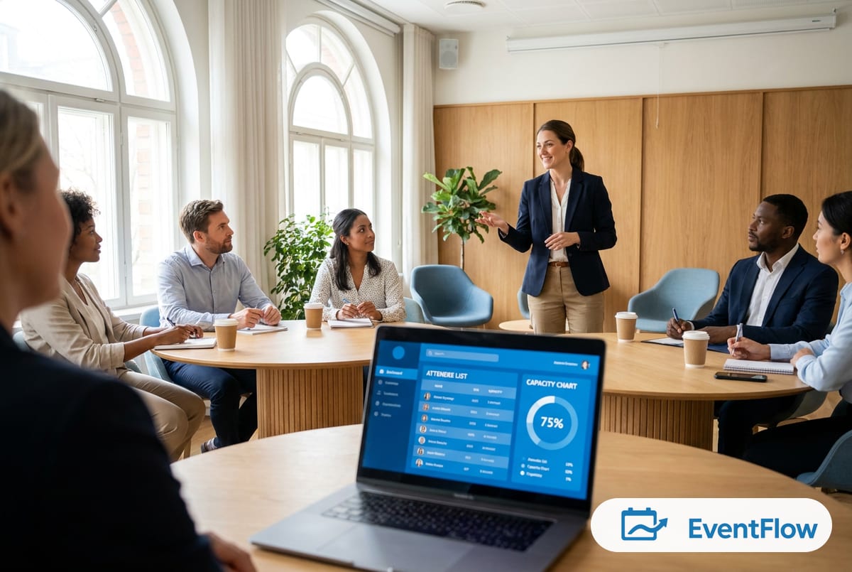 EventFlow — presenter leading a workshop while a laptop shows the blue EventFlow attendee dashboard