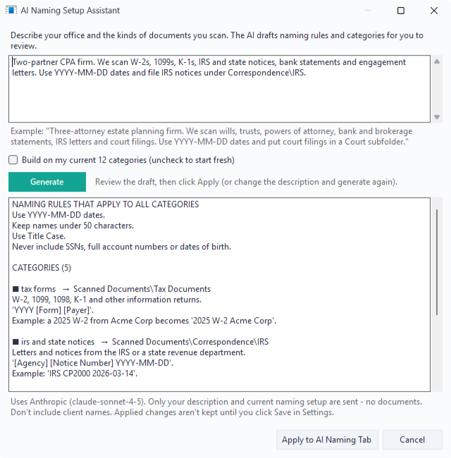The AI Setup Assistant with a CPA firm's description and the drafted rules and categories