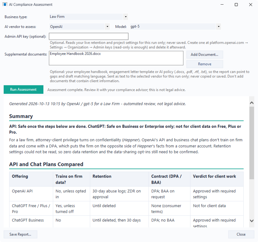 The AI Compliance Assessment window with a generated report
