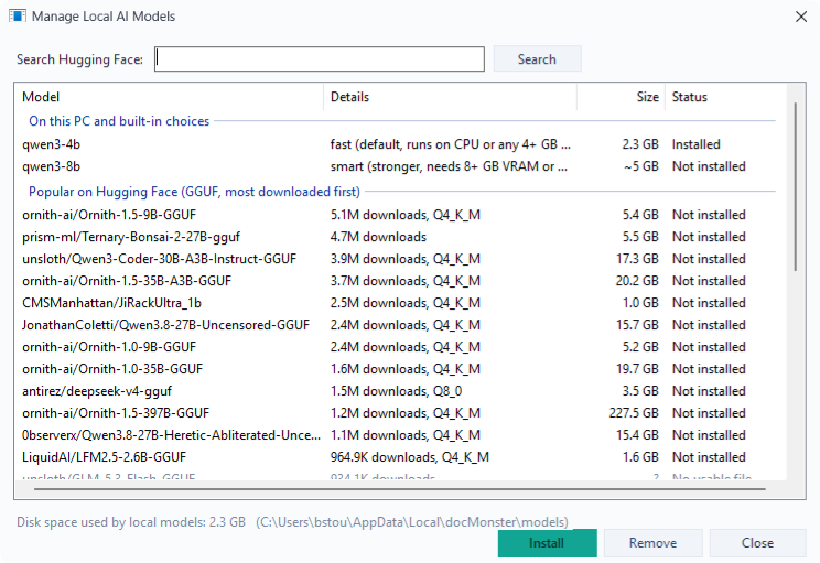 The Manage Local Models dialog listing installed, built-in and popular models