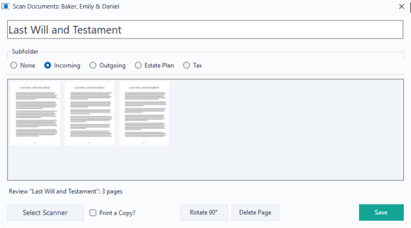 Review mode with page thumbnails and Rotate 90°, Delete Page and Save buttons